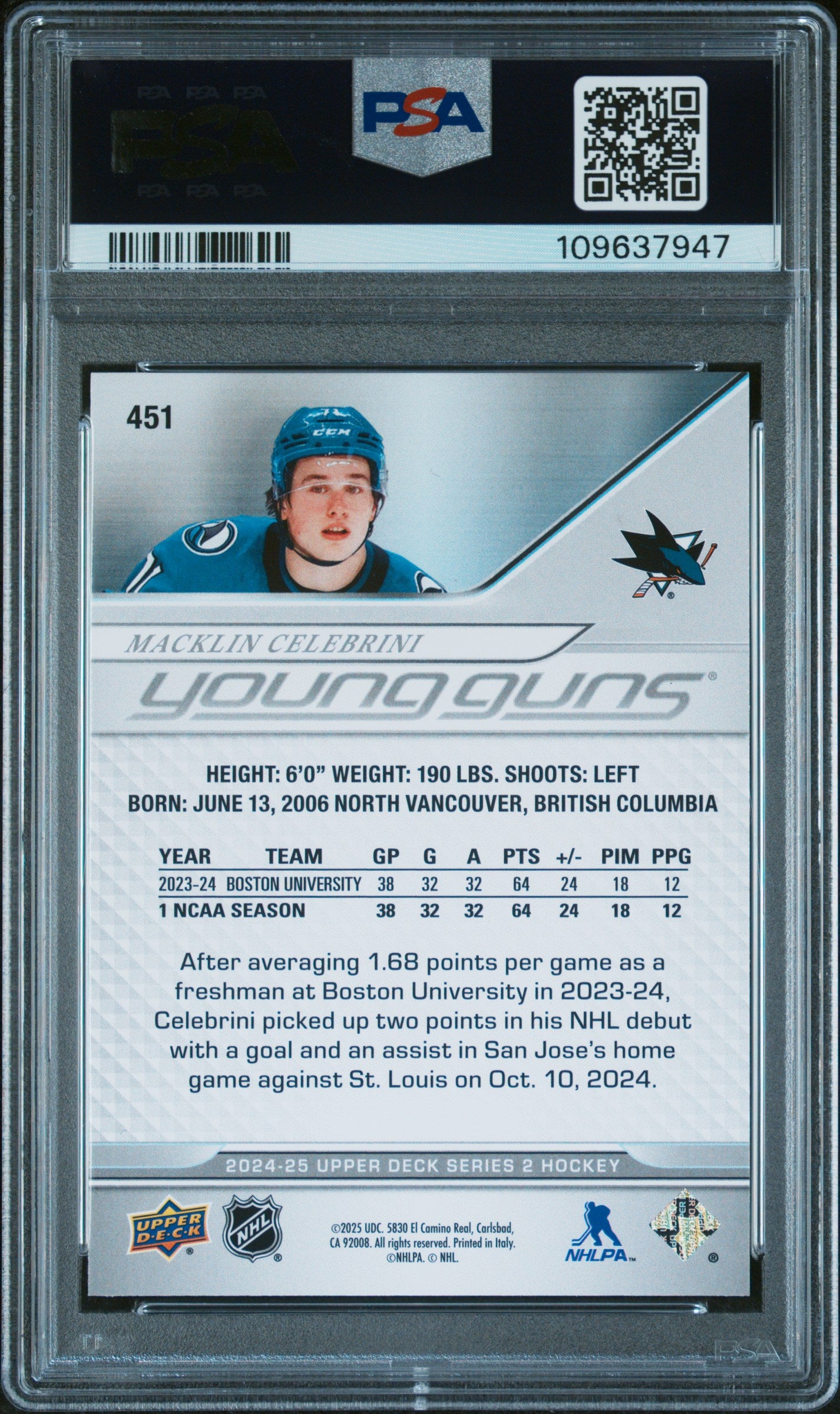 Macklin Celebrini 2024 Upper Deck Rookie #451 PSA 10 Gem Mint