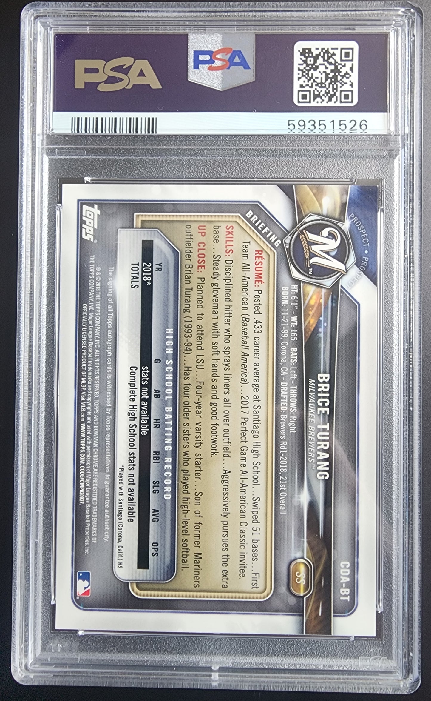 Brice Turang 2018 Bowman Chrome Draft Auto PSA 10 Gem Mint