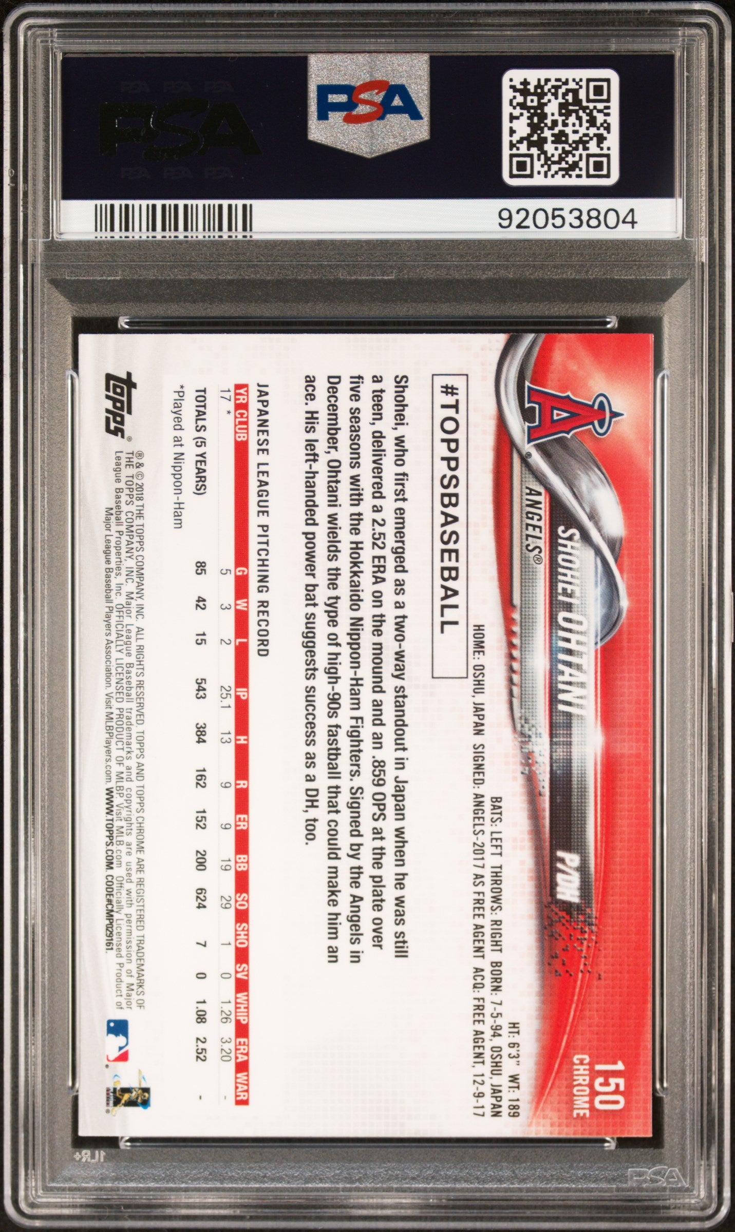 Shohei Ohtani 2018 Topps Chrome #150 PSA 10 Gem Mint 3804