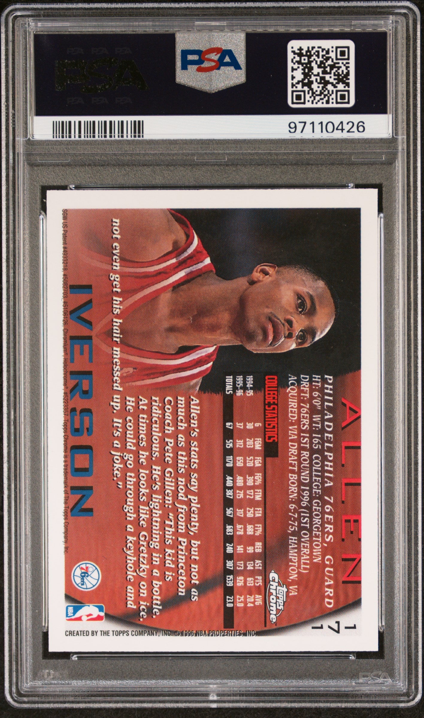 Allen Iverson 1996 Topps Chrome #171 PSA 10 Gem Mint 0426