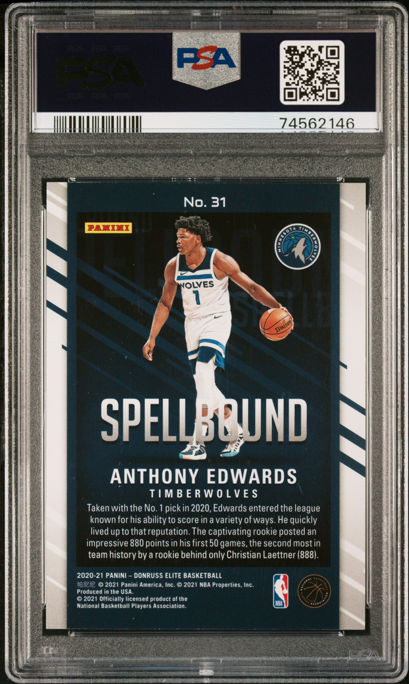 Anthony Edwards 2020 Donruss Elite Spellbound Gold #31 #5/10 PSA 9 Mint