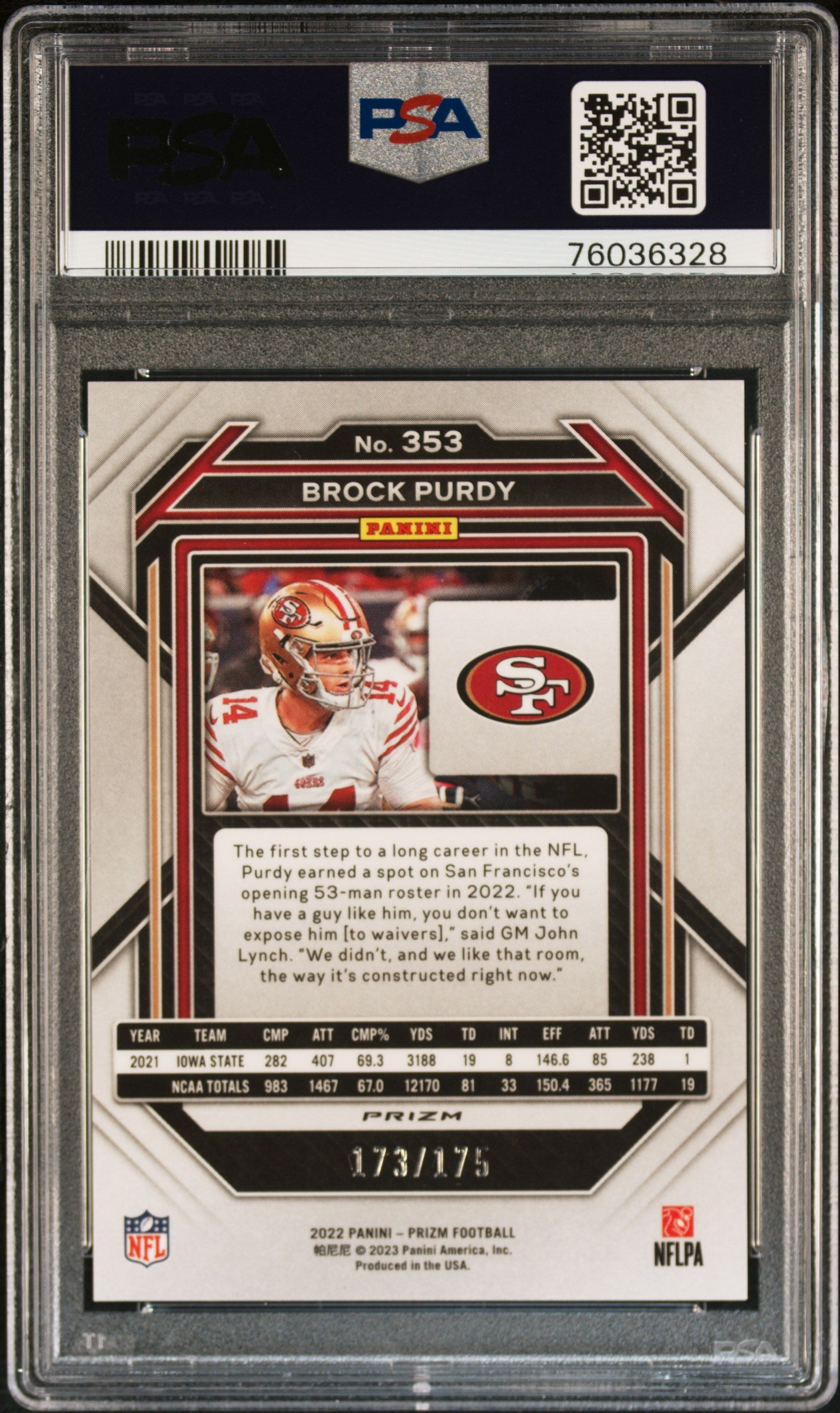 Brock Purdy 2022 Prizm #353 Hyper Prizm #173/175 PSA 10 Gem Mint