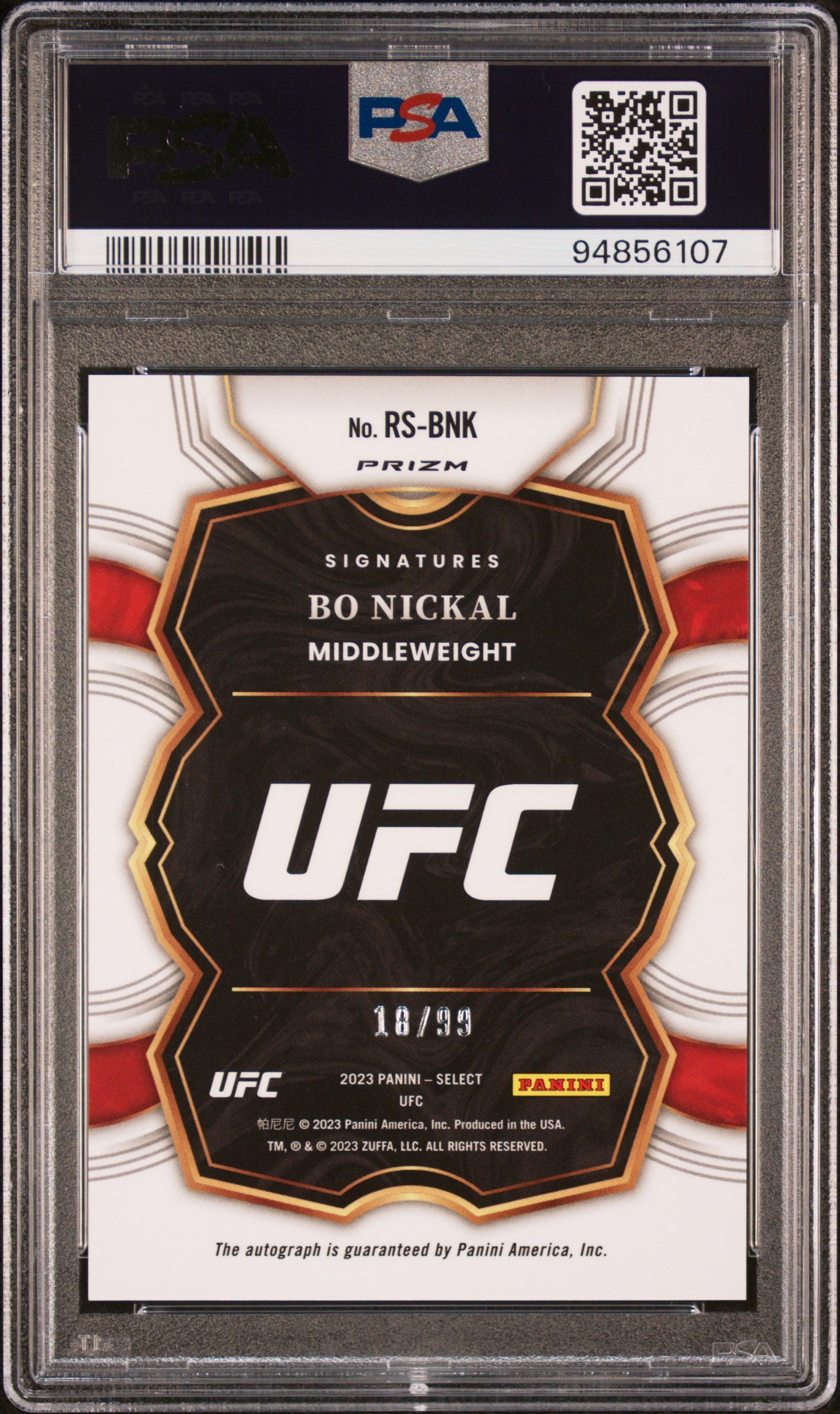 Bo Nickal 2023 Panini Select UFC Rookie Signature Red Auto #18/99 PSA 10 Auto 10
