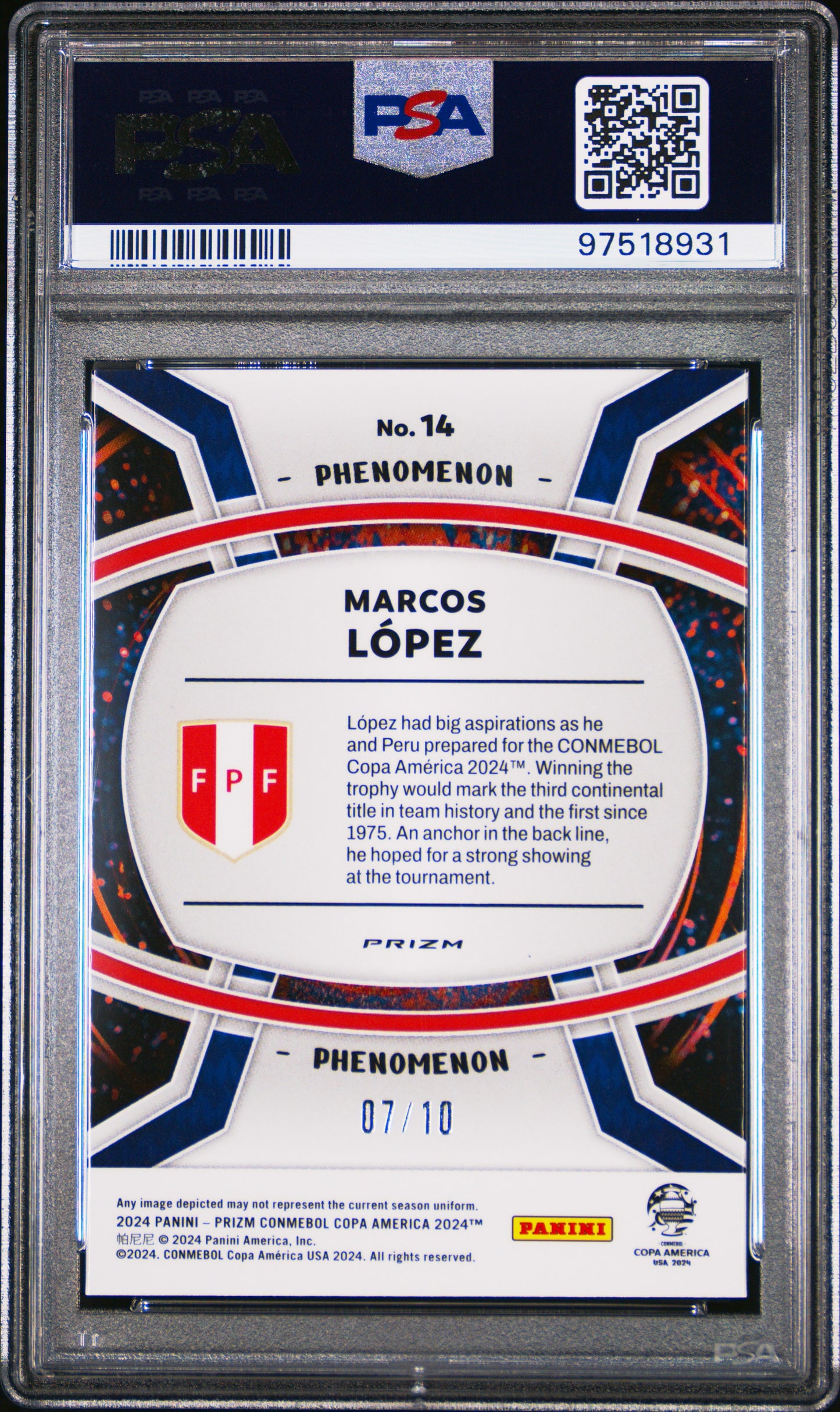 Marcos Lopez 2024 Prizm COPA Phenomenon Gold Prizm #7/10 PSA 10 Gem Mint