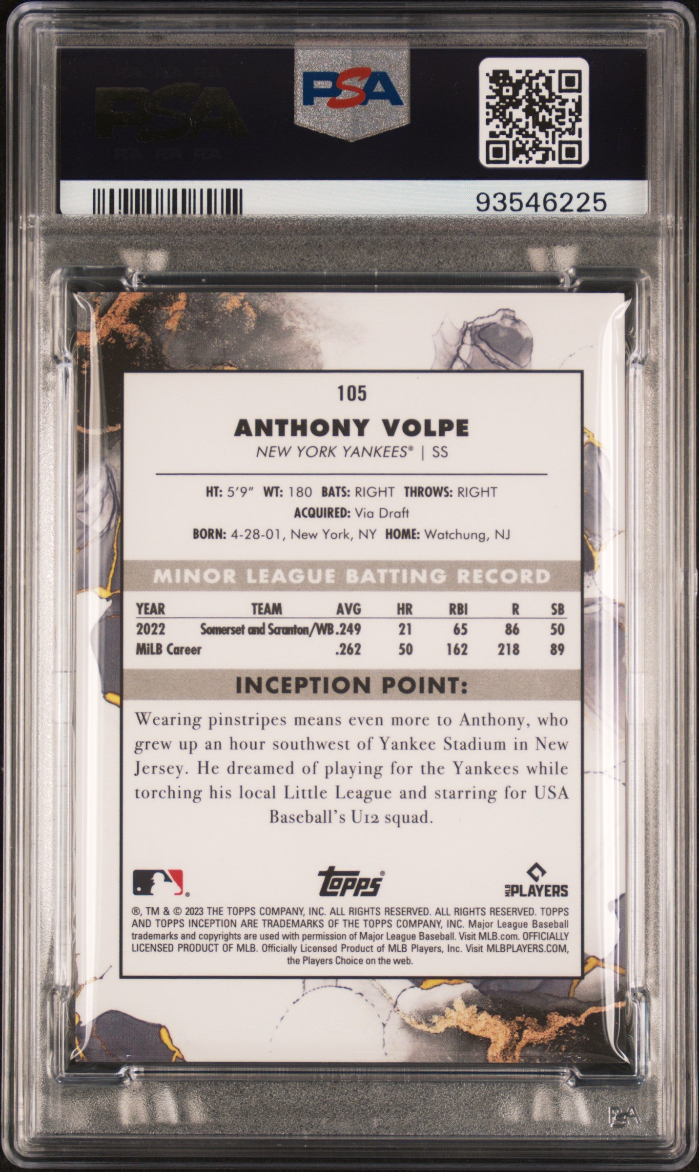 Anthony Volpe 2023 Topps Inception Blue Rookie #8/25 PSA 10 Gem Mint