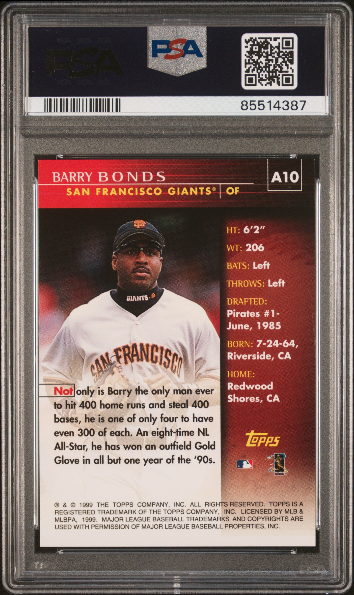 Barry Bonds 1999 Topps Autograph #A10 PSA 9 Auto 10