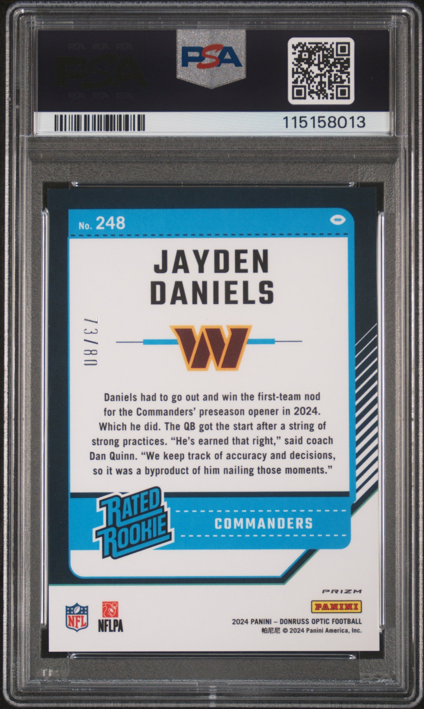 Jayden Daniels 2024 Donruss Optic Pink Velocity Rookie #73/80 PSA 10 Gem Mint