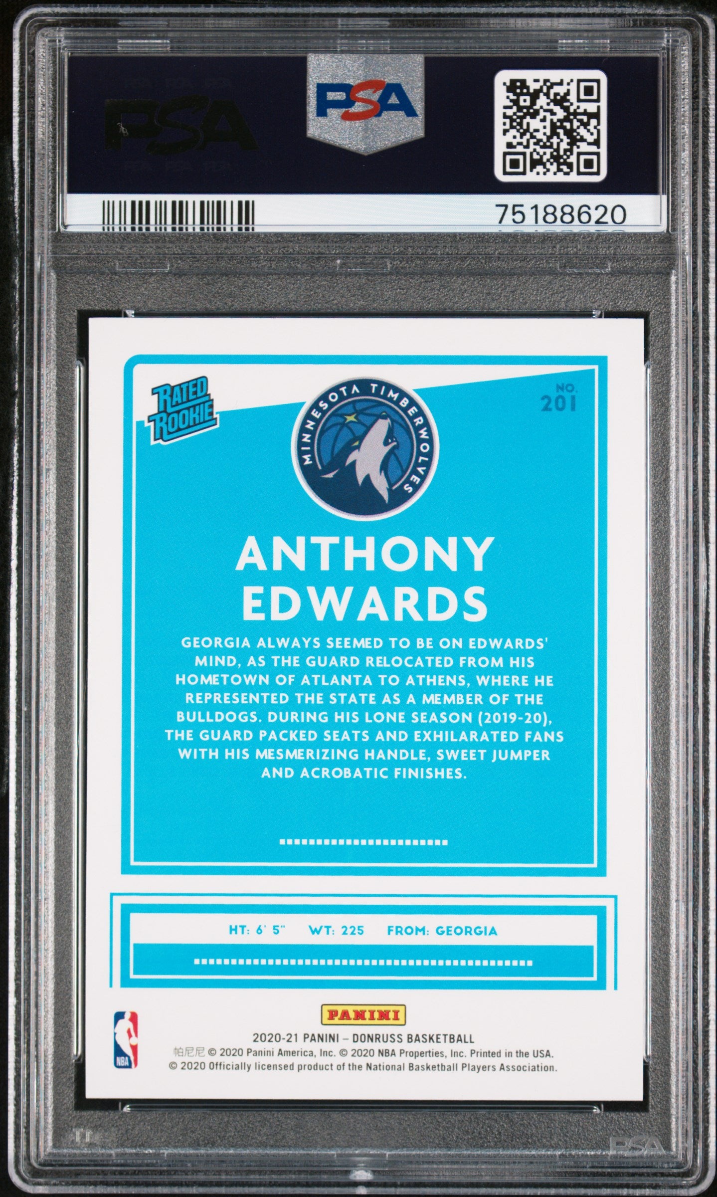 Anthony Edwards 2020 Panini Donruss Rookie #201 Choice PSA 10 Gem Mint