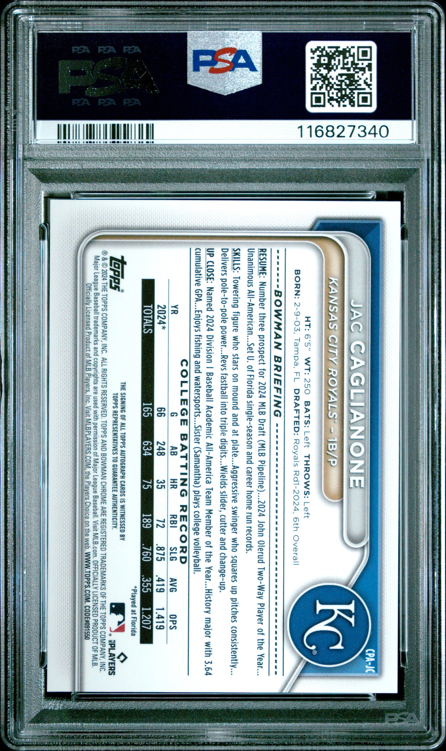 Jac Caglianone 2024 Bowman Chrome Draft Auto PSA 9 Mint 7340