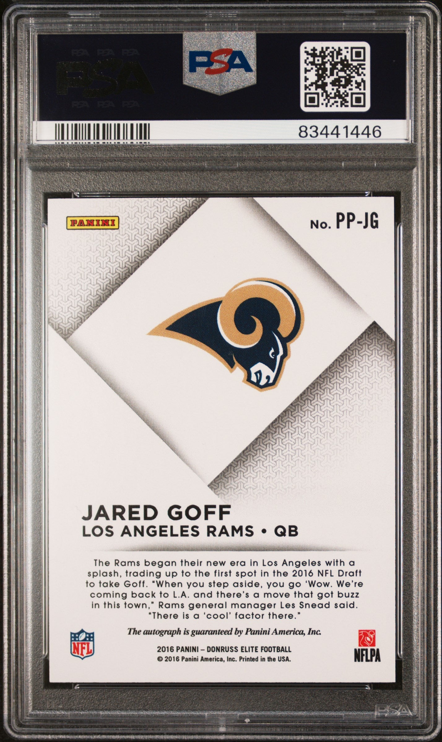 Jared Goff 2016 Panini Donruss Elite Pen Pals Rookie Auto PSA 10 Gem Mint