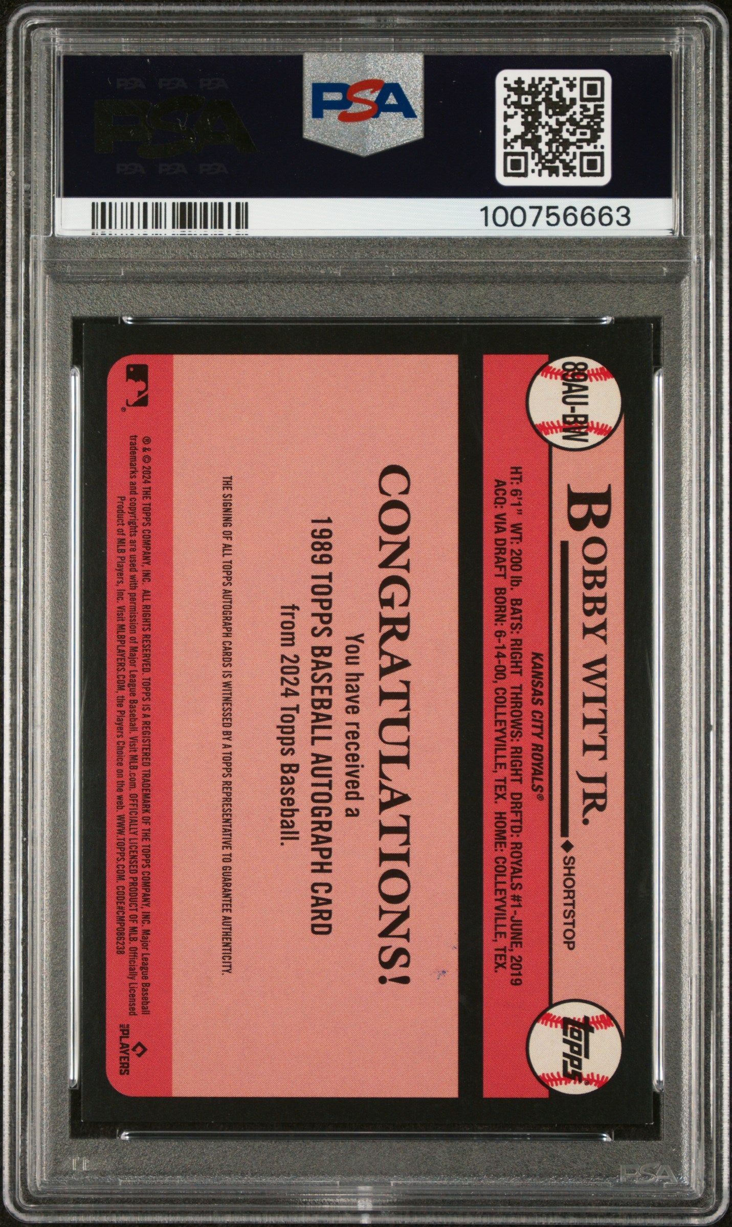 Bobby Witt Jr. 2024 Topps Update 1989 Topps Auto PSA 8 Nm-Mint