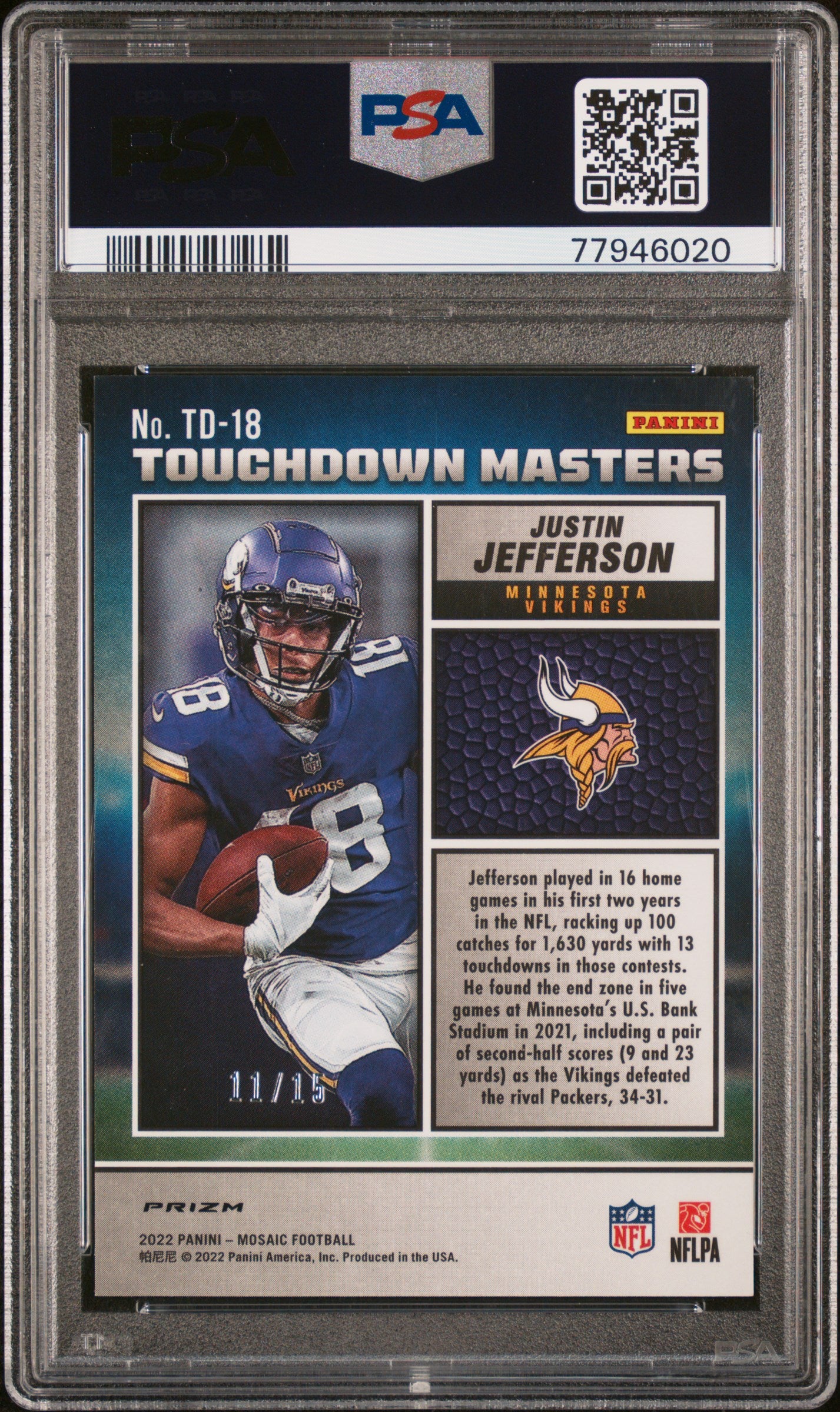 Justin Jefferson 2022 Panini Mosaic Touchdown Masters Blue Flourescent #11/15 PSA 9 Mint