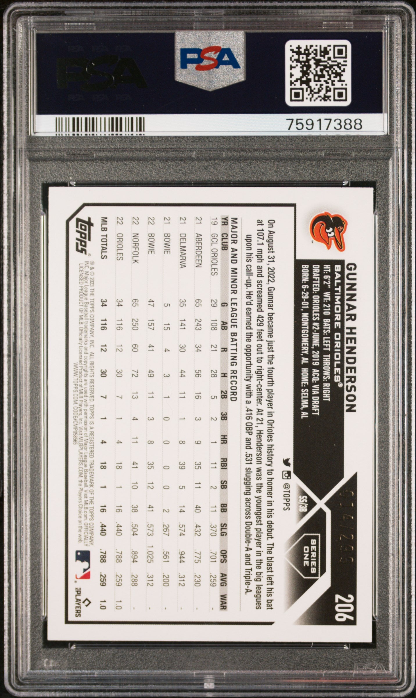 Gunnar Henderson 2023 Topps Rookie #206 Orange Ice #14/299 PSA 10 Gem Mint