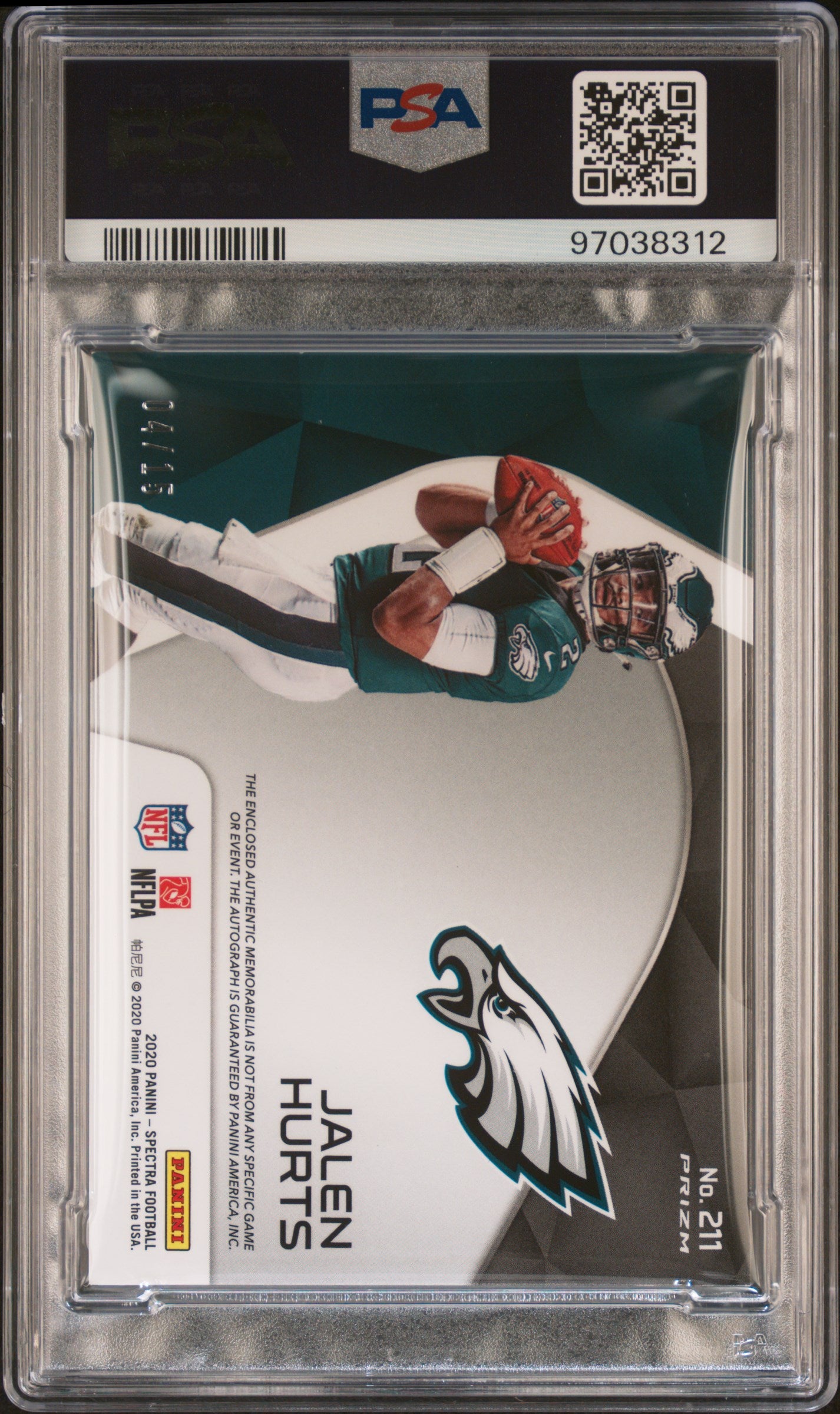 Jalen Hurts 2020 Panini Spectra #211 Rookie Patch Auto Neo Orange #4/15 PSA Auth Auto 10