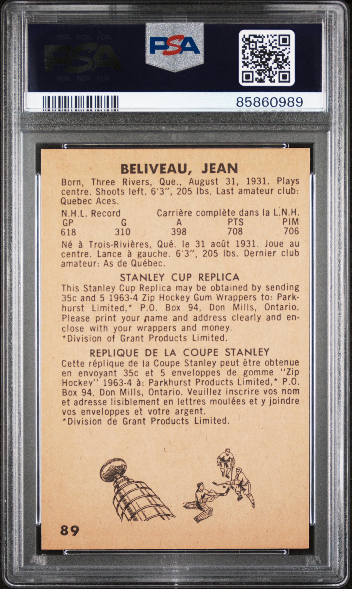 Jean Beliveau 1963 Parkhurst #89 PSA 8 Nm-Mint