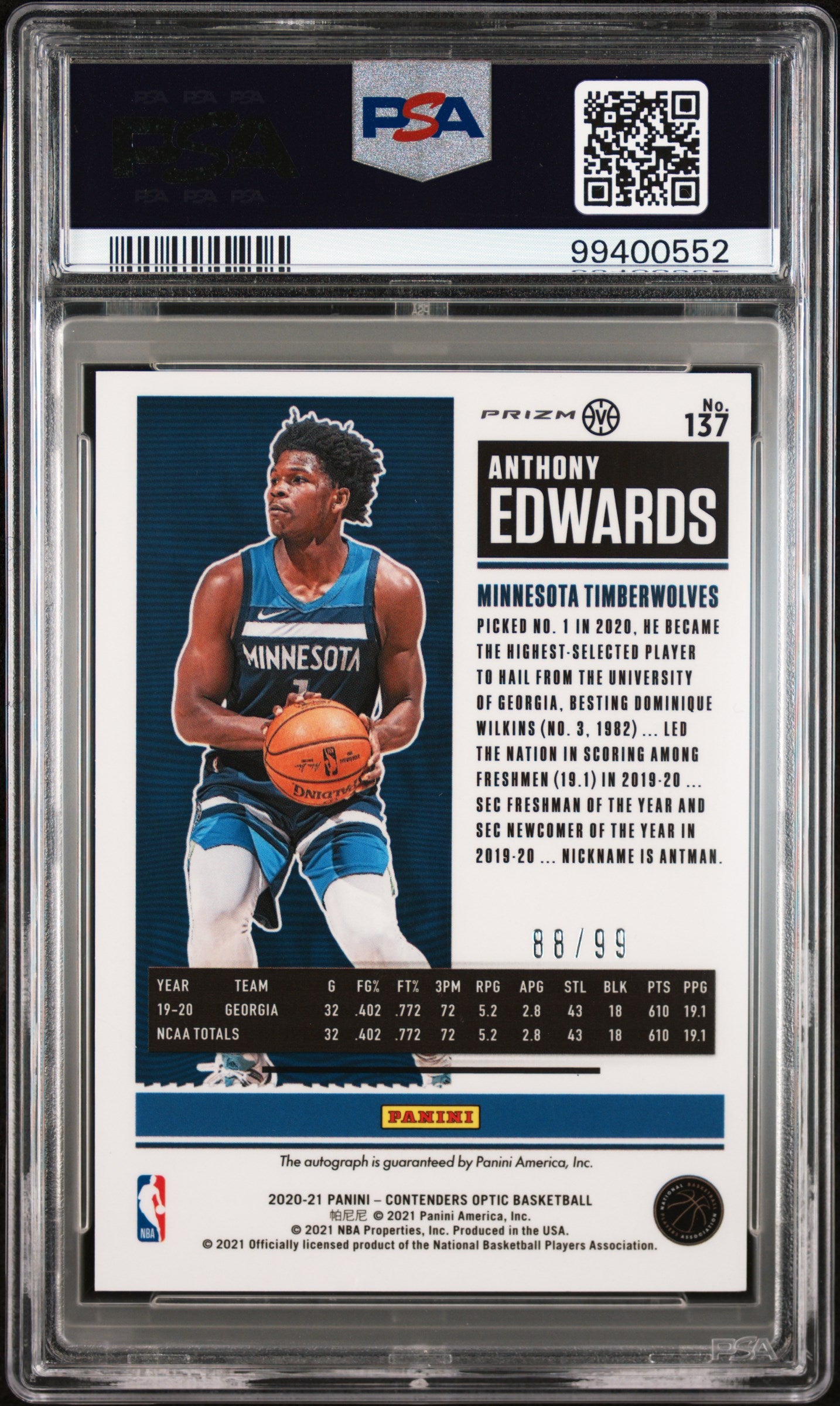 Anthony Edwards 2020 Contenders Optic Variation Red Autograph Rookie #88/99 PSA 8 Auto 10