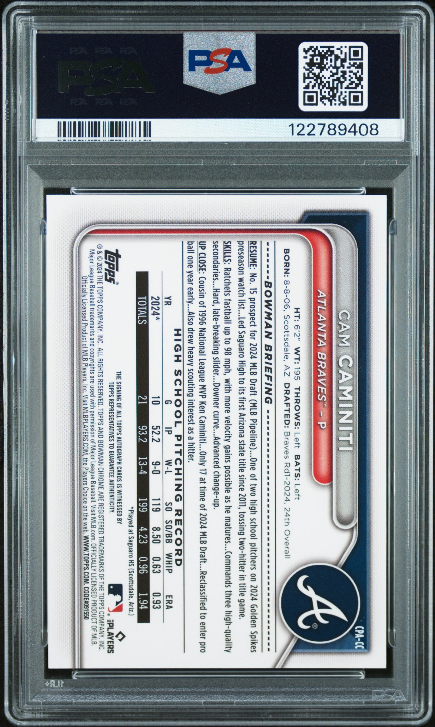 Cam Caminiti 2024 Bowman Chrome Draft Orange Refractor Auto #7/25 PSA 9 Mint