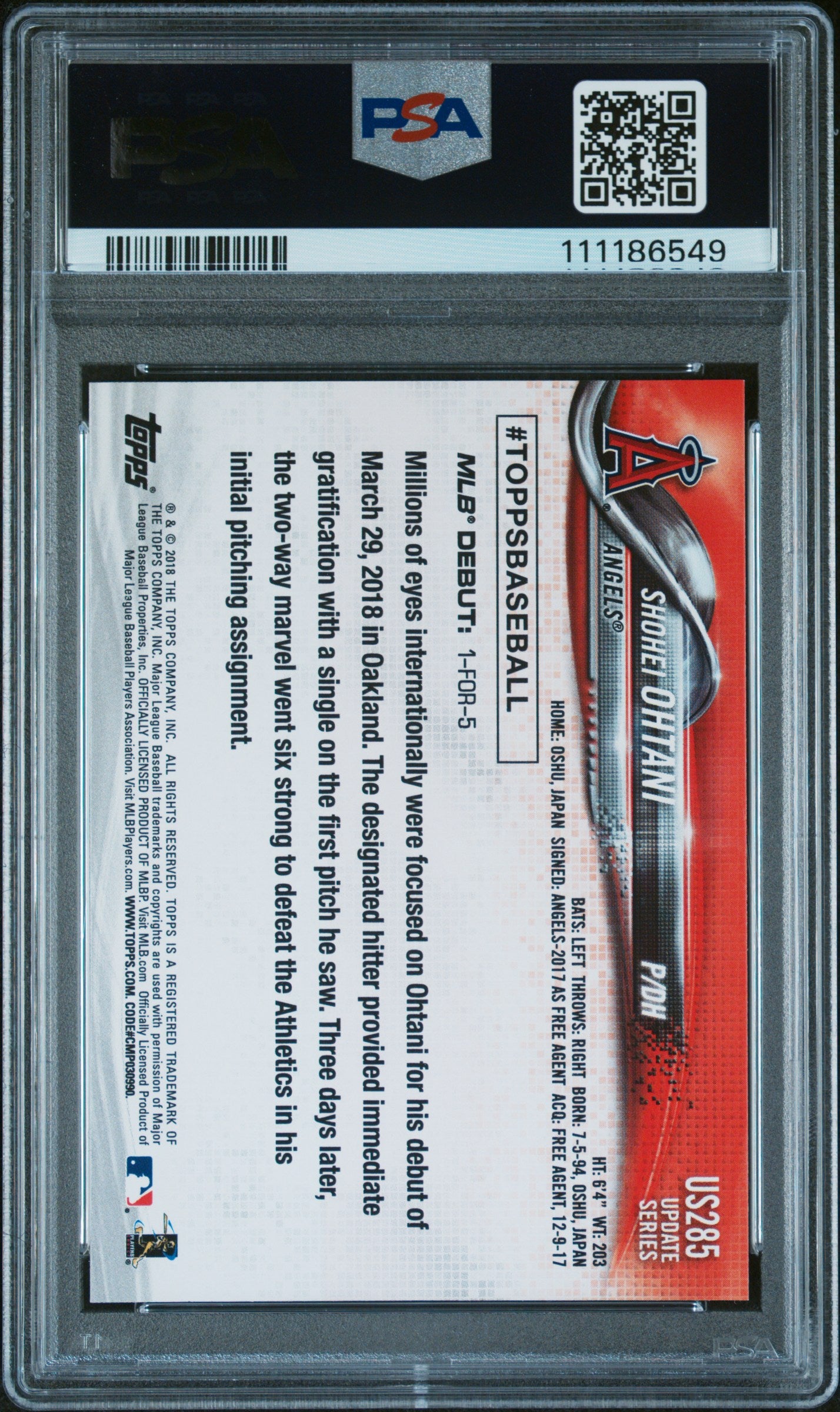 Shohei Ohtani 2018 Topps Update Rookie #US285 PSA 9 Mint