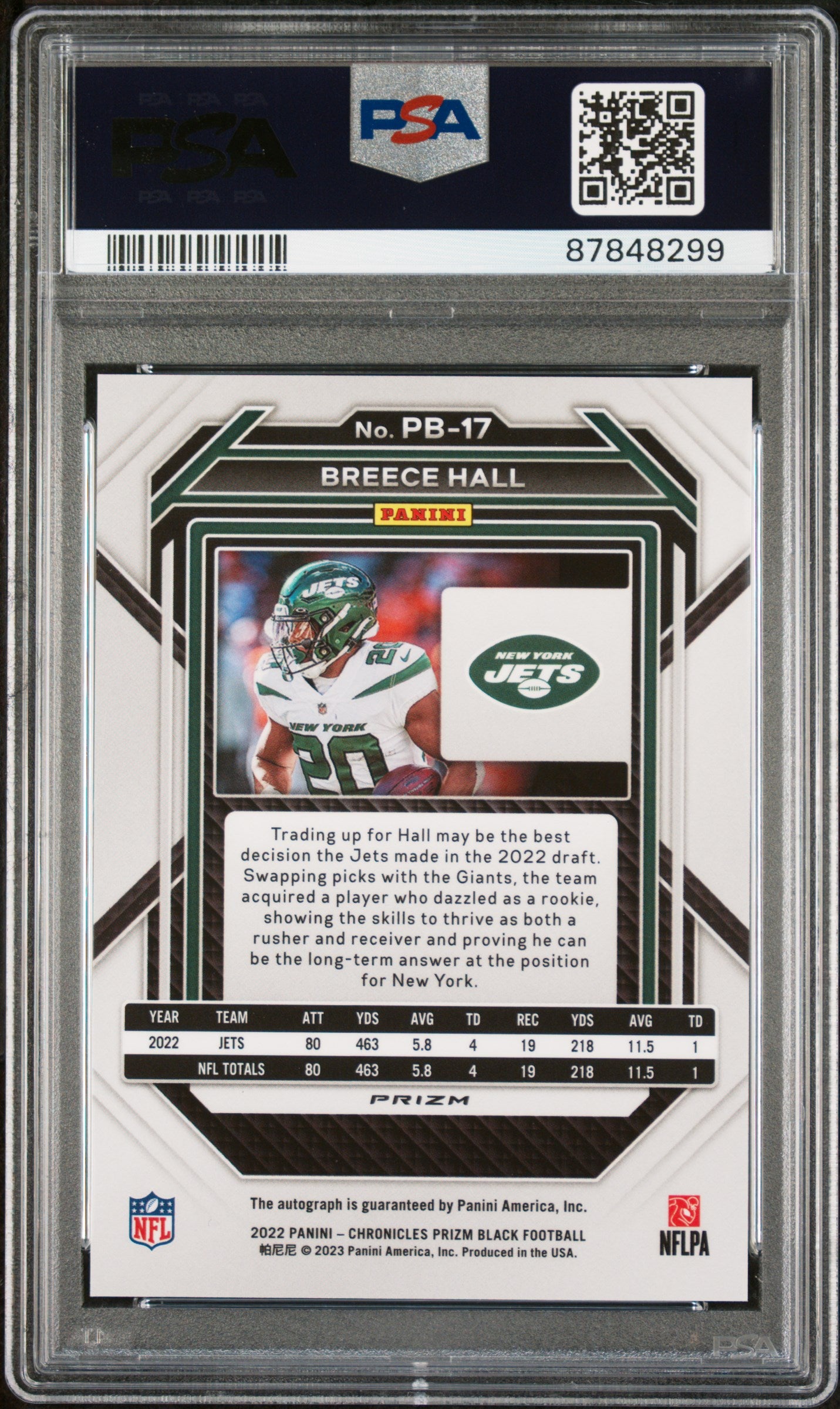 Breece Hall 2022 Panini Chronicles Prizm Black Auto PSA 10 Gem Mint