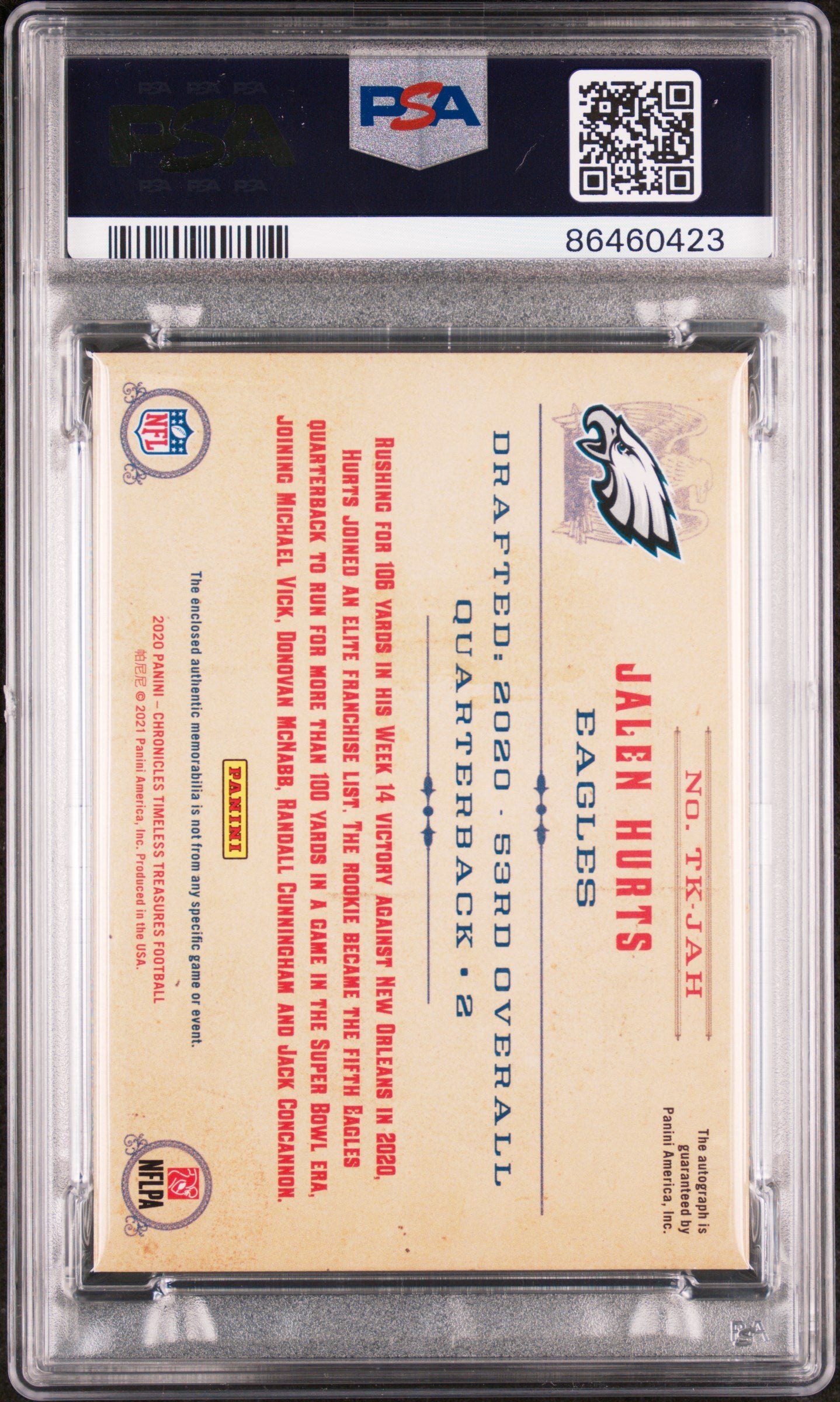 Jalen Hurts 2020 Panini Chronicles Timeless Treasures Jersey Auto PSA 9 Mint