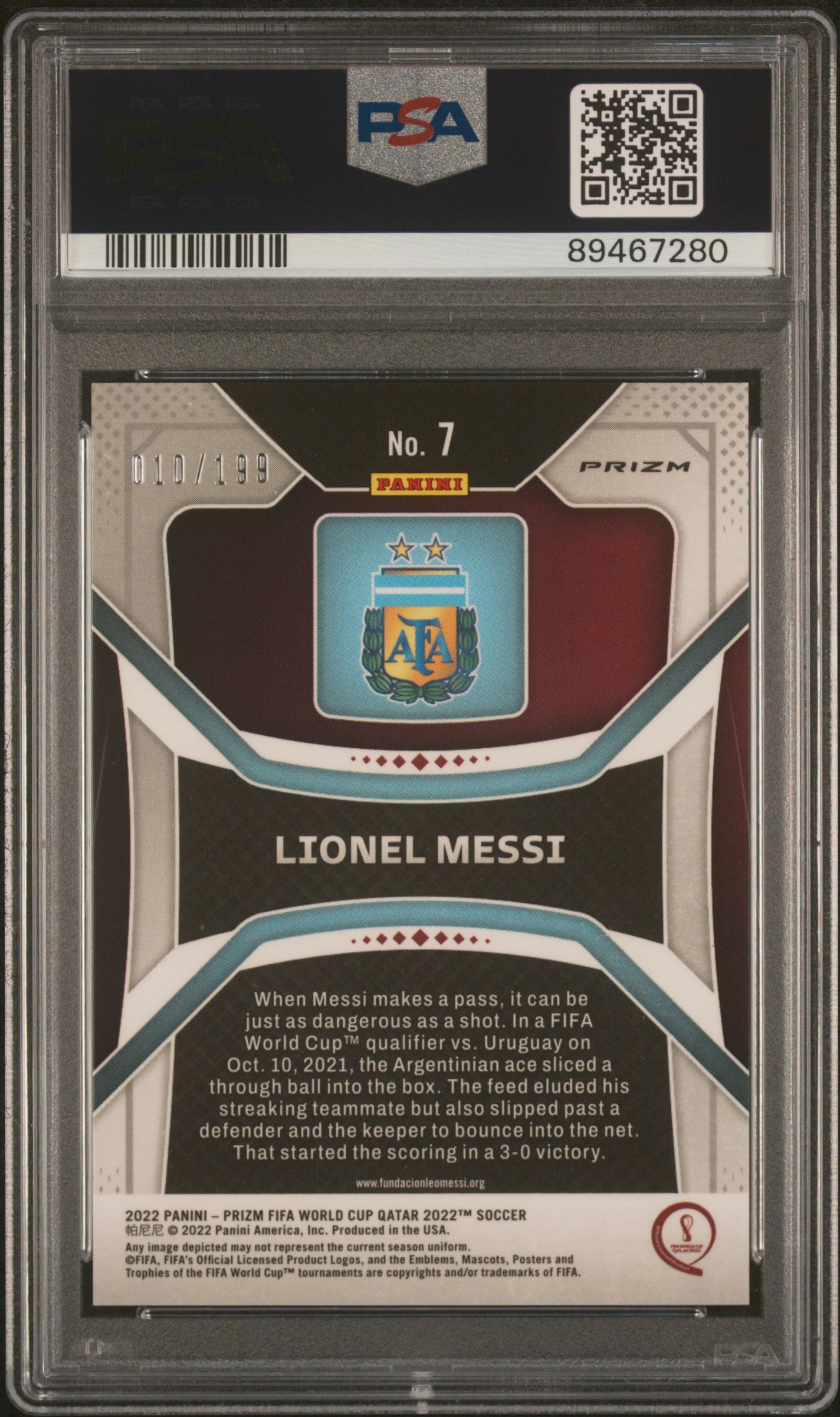 Lionel Messi 2022 Panini Prizm World Cup Purple Prizm #10/199 PSA 10 Gem Mint
