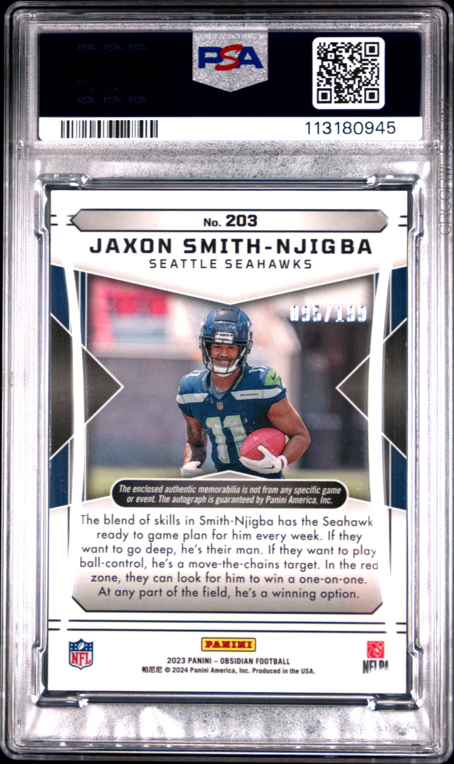 Jaxon Smith-Njigba 2023 Panini Obsidian Jersey Auto #95/199 PSA 10 Gem Mint