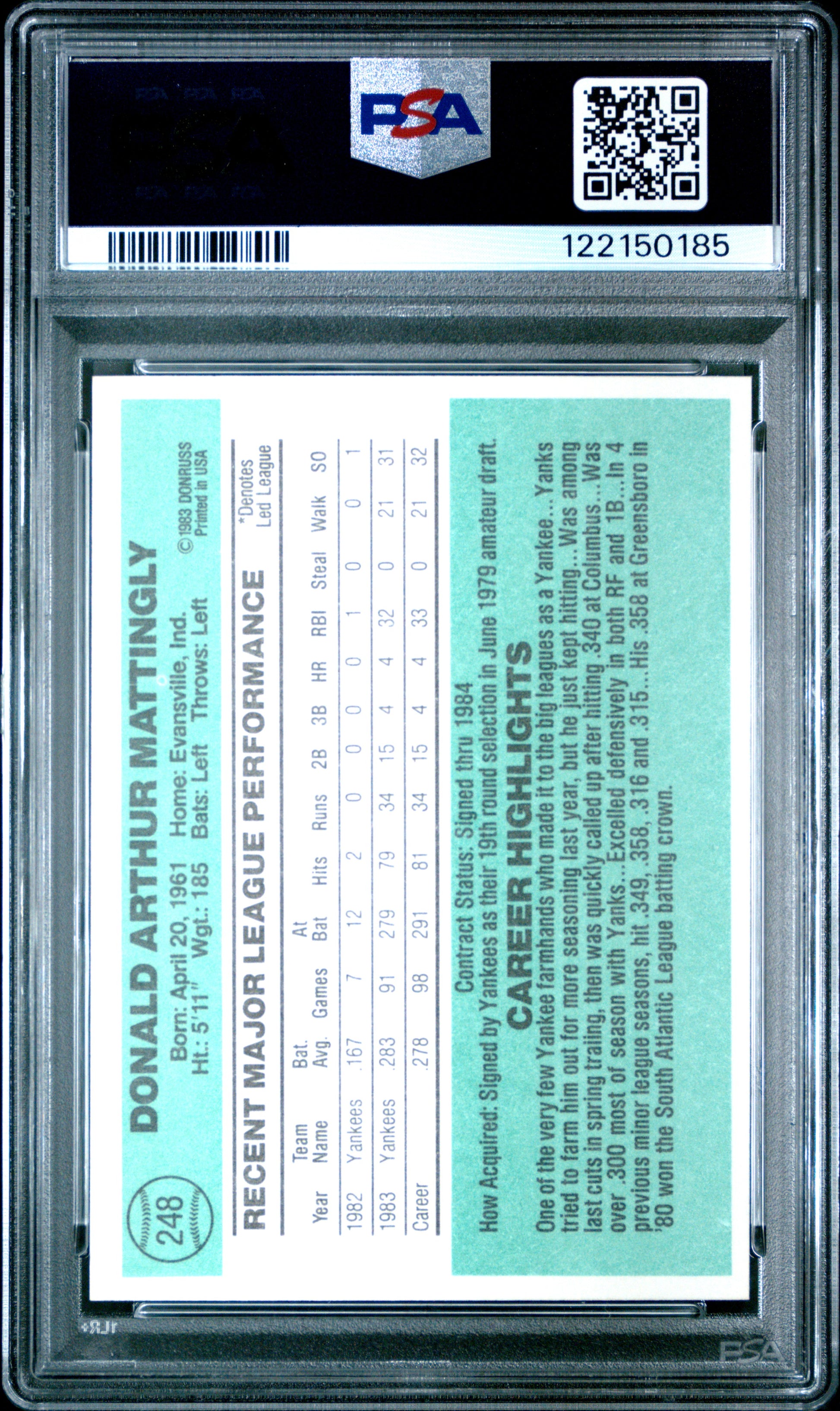 Don Mattingly 1984 Donruss Rookie #248 PSA 9 Mint 0185