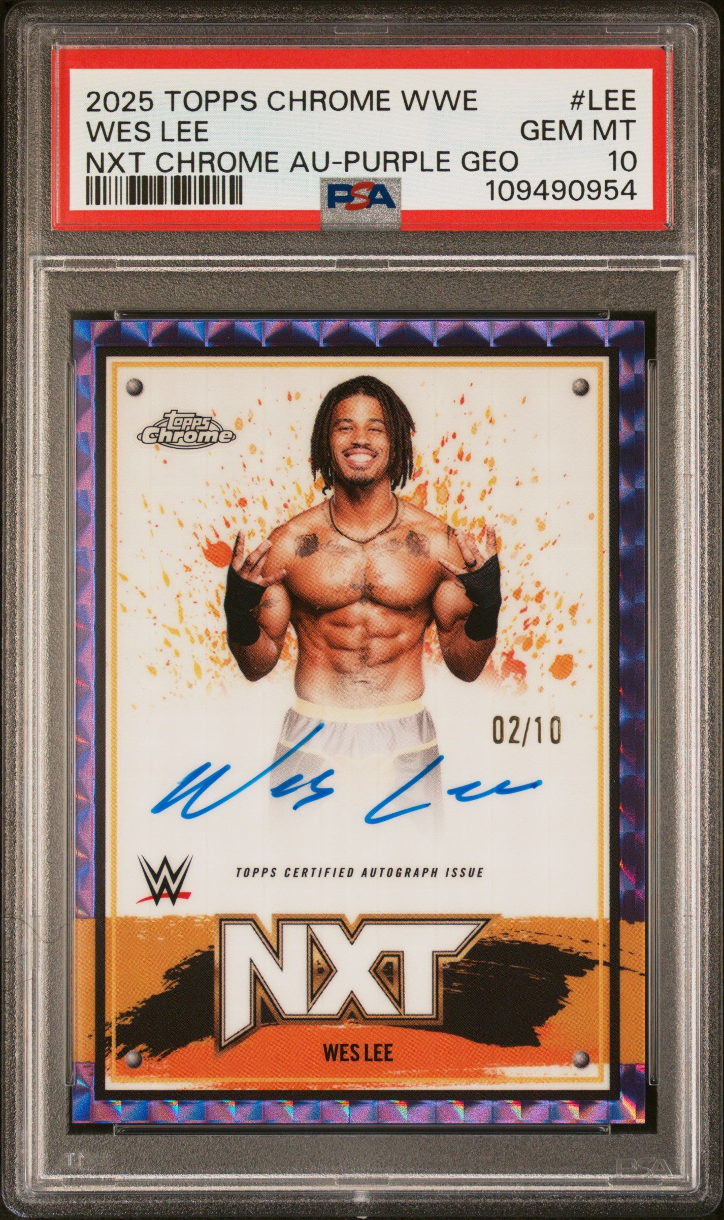 Wes Lee 2025 Topps Chrome WWE Purple Geometric Auto #2/10 PSA 10 Gem Mint