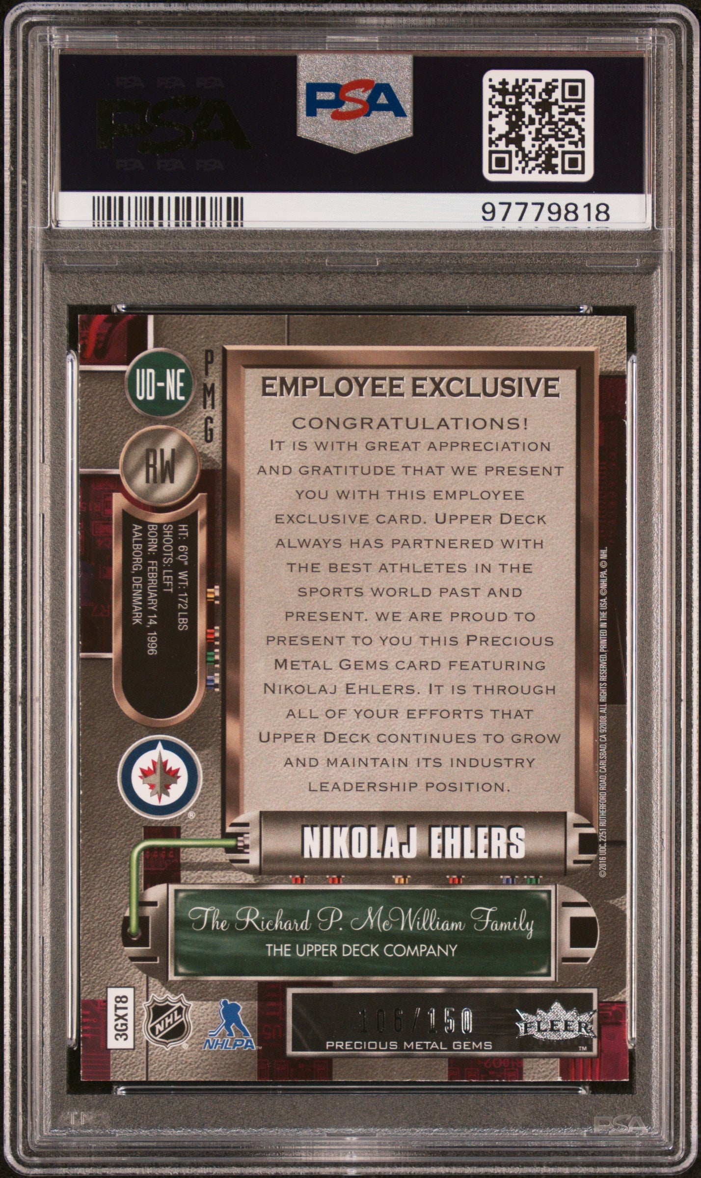 Nikolaj Ehlers 2015 Upper Deck Employee Precious Metal Gems Purple #106/175 PSA 8.5 Nm-Mint+