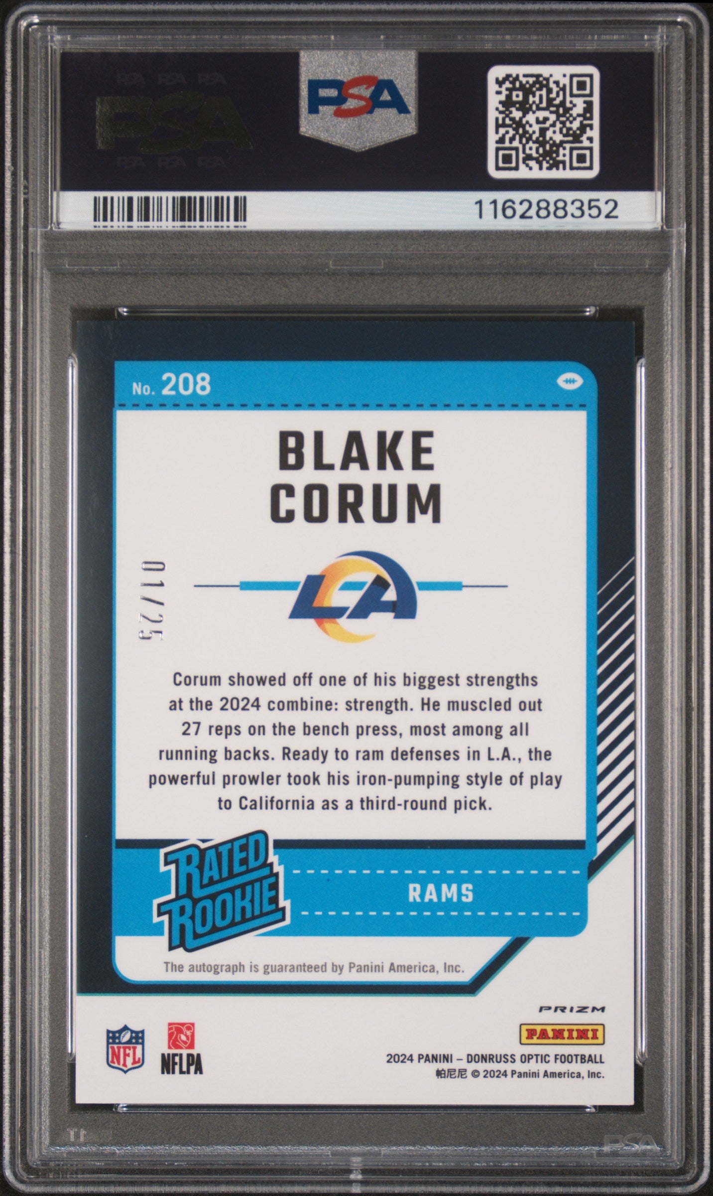 Blake Corum 2024 Donruss Optic Rookie Auto Black Pandora #1/25 PSA 9 Mint