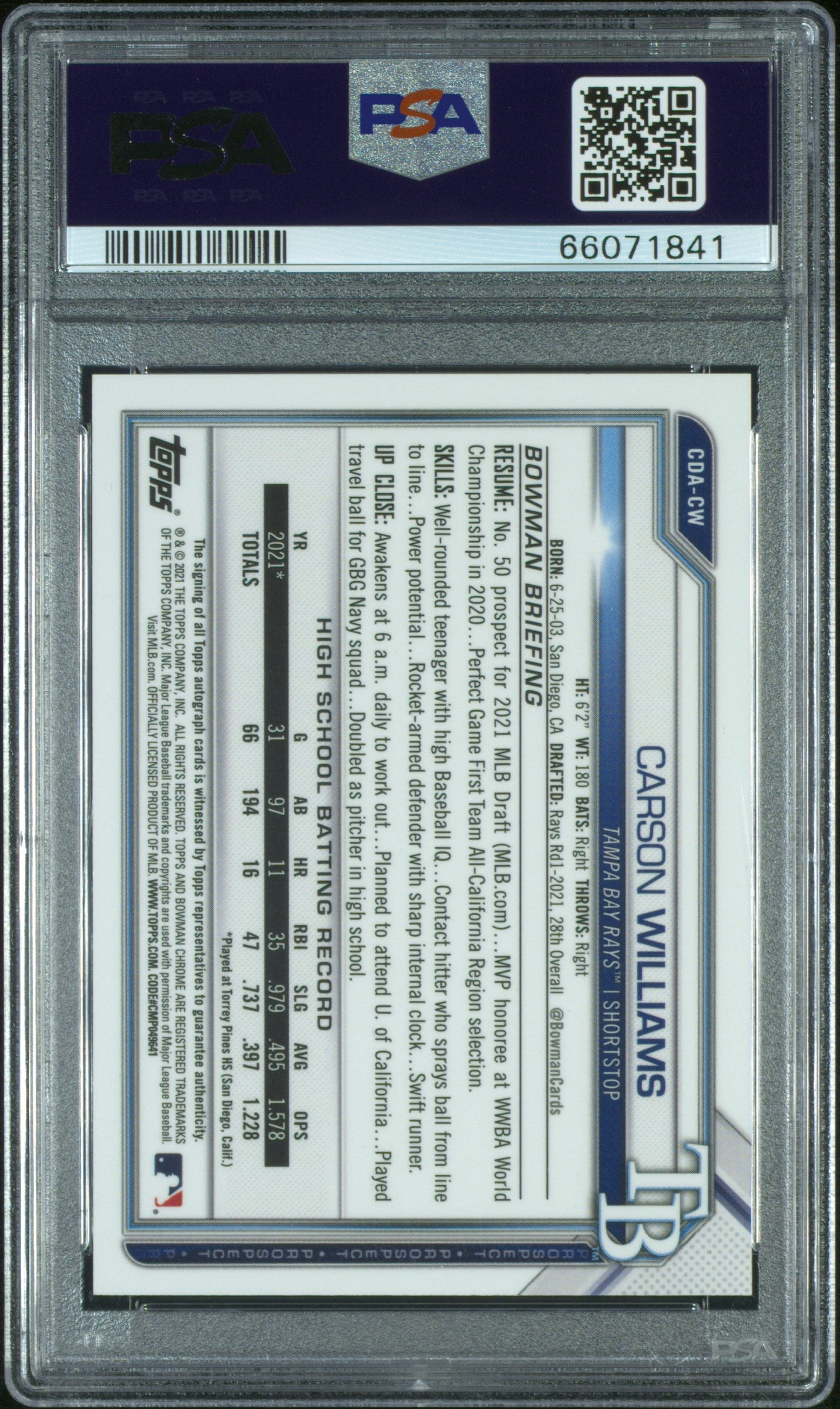 Carson Williams 2021 Bowman Draft Autograph PSA 10 Gem Mint