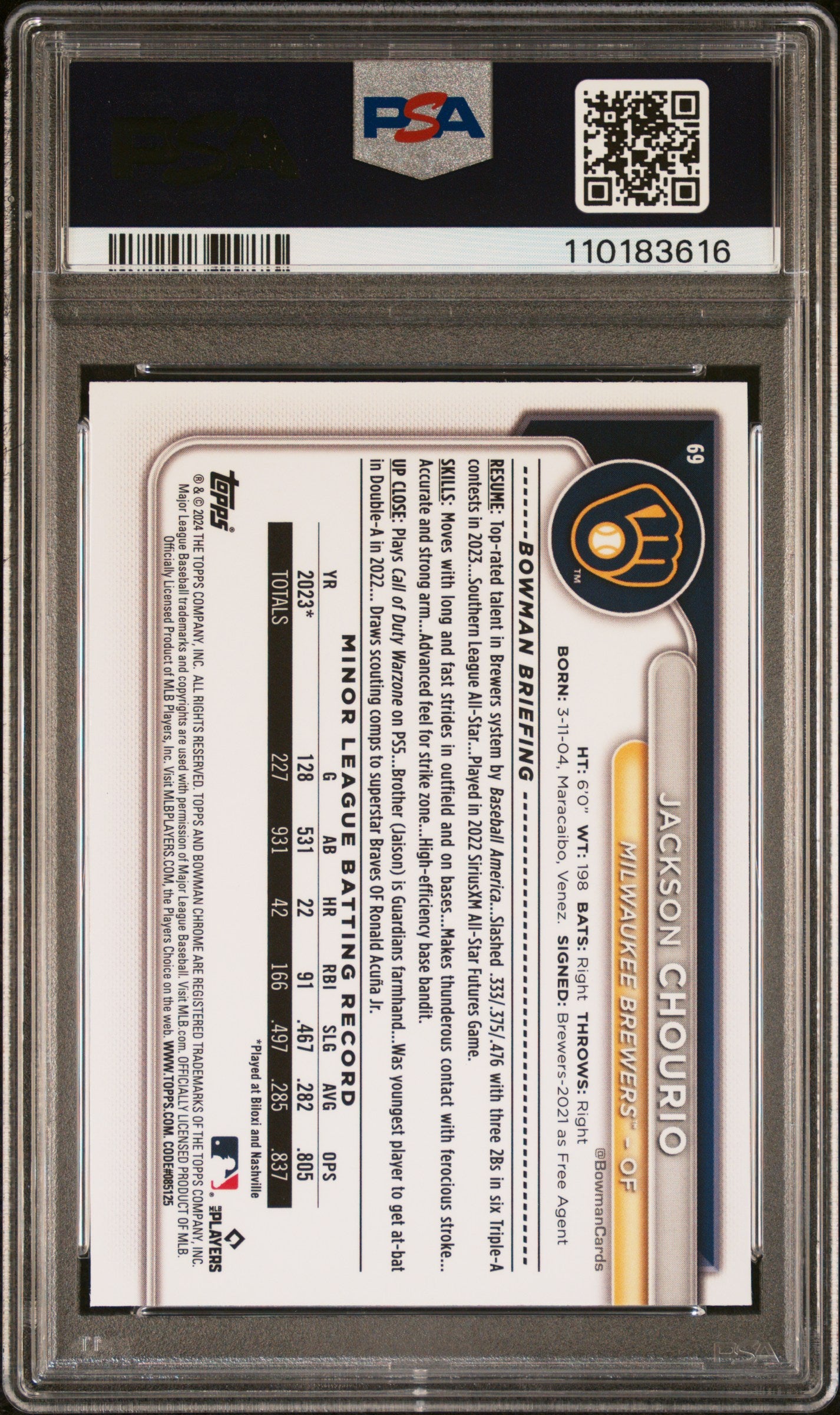 Jackson Chourio 2024 Bowman Chrome SP RC PSA 10 Gem Mint