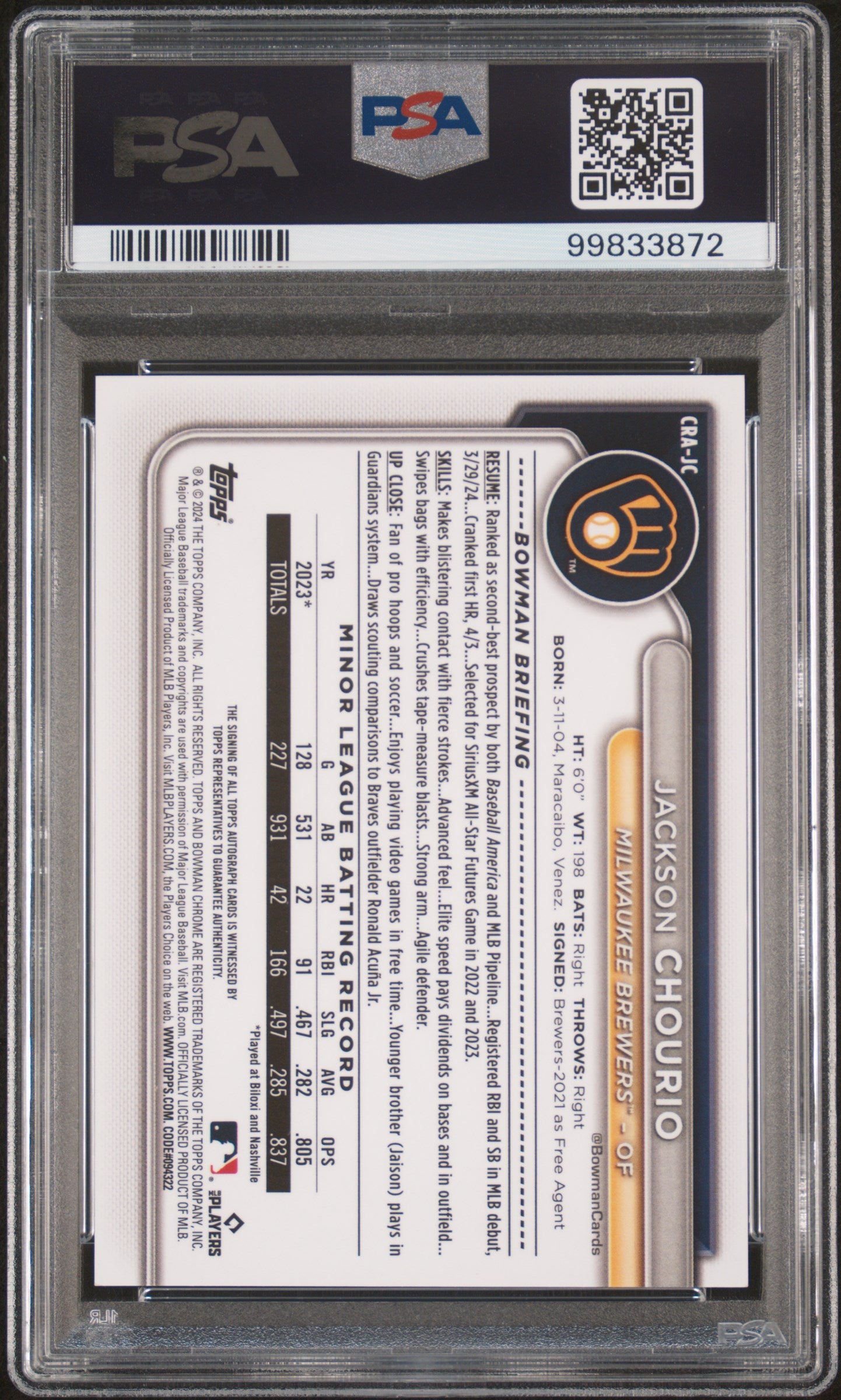 Jackson Chourio 2024 Bowman Chrome Mega Box Orange Refractor #8/25 PSA 10 Gem Mint
