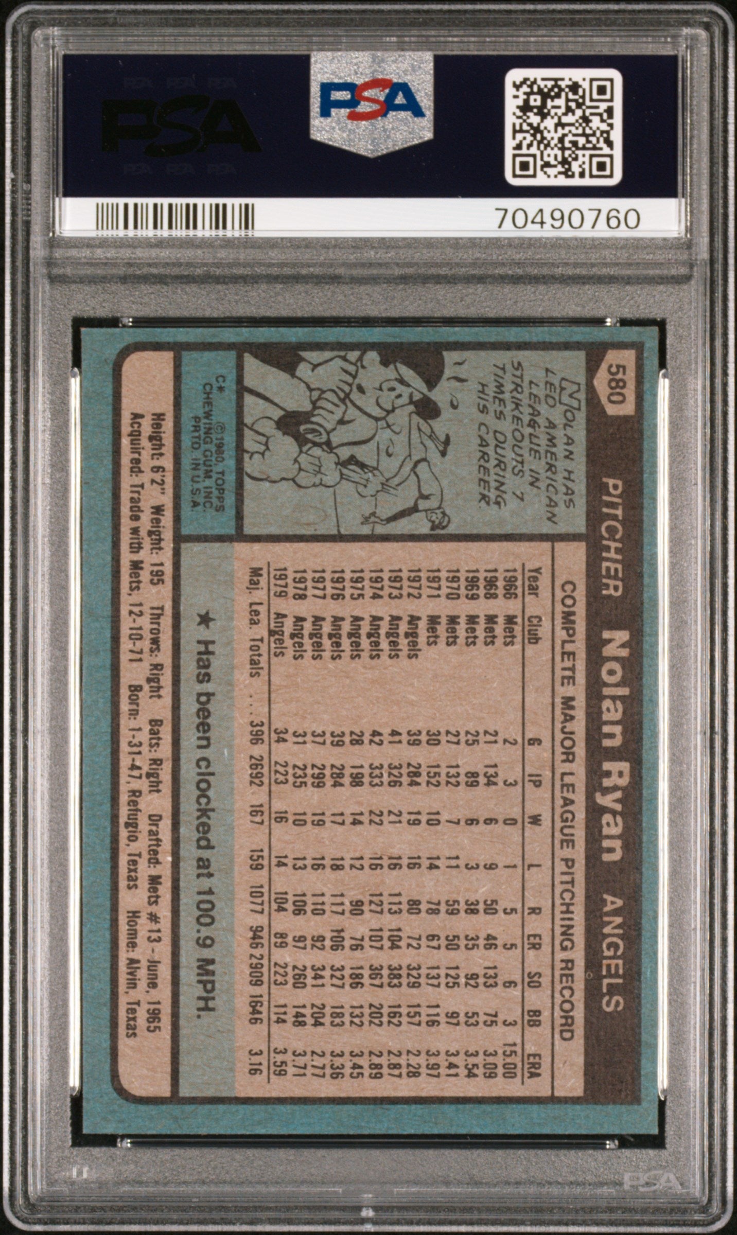 Nolan Ryan 1980 Topps #580 PSA 8 Nm-Mint