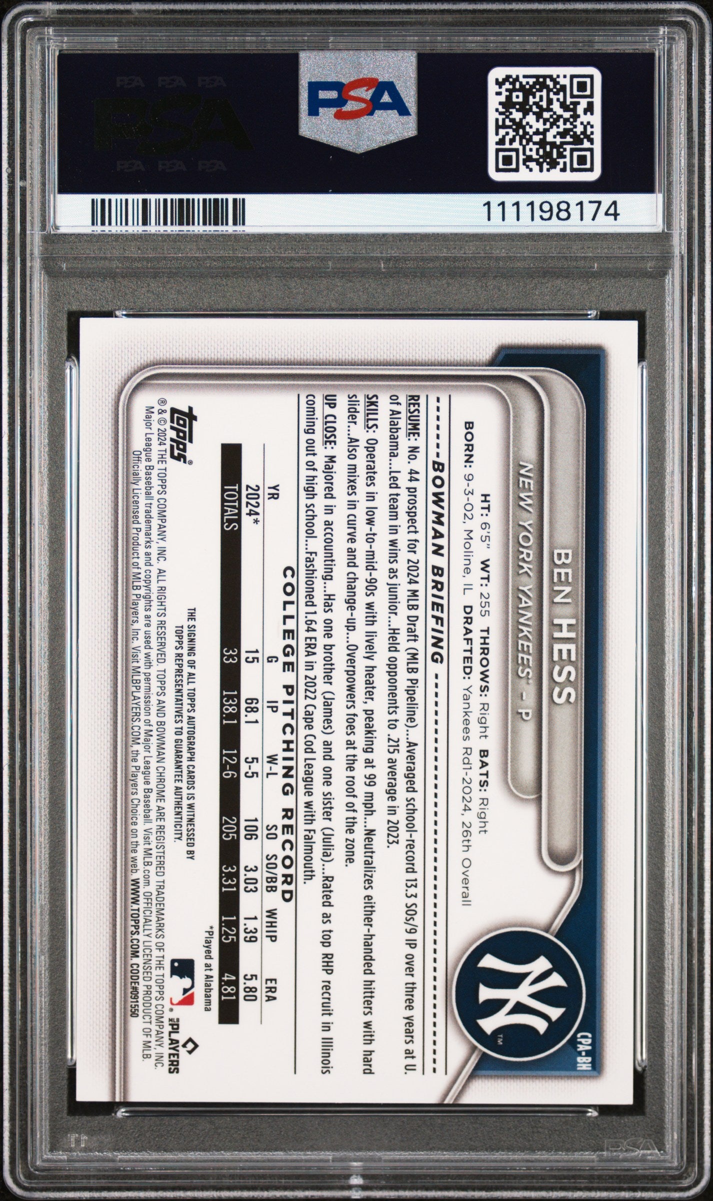 Ben Hess 2024 Bowman Chrome Orange Refractor Auto #22/25 PSA 6 Auto 10