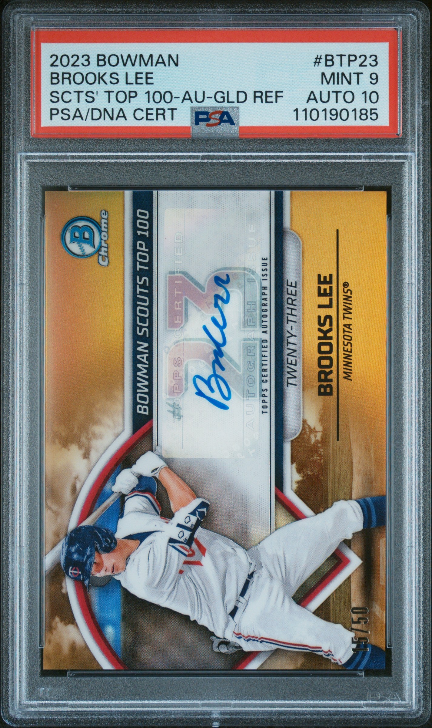 Brooks Lee 2023 Bowman Scouts Top 100 Gold Autograph #15/50 PSA 9 Auto 10