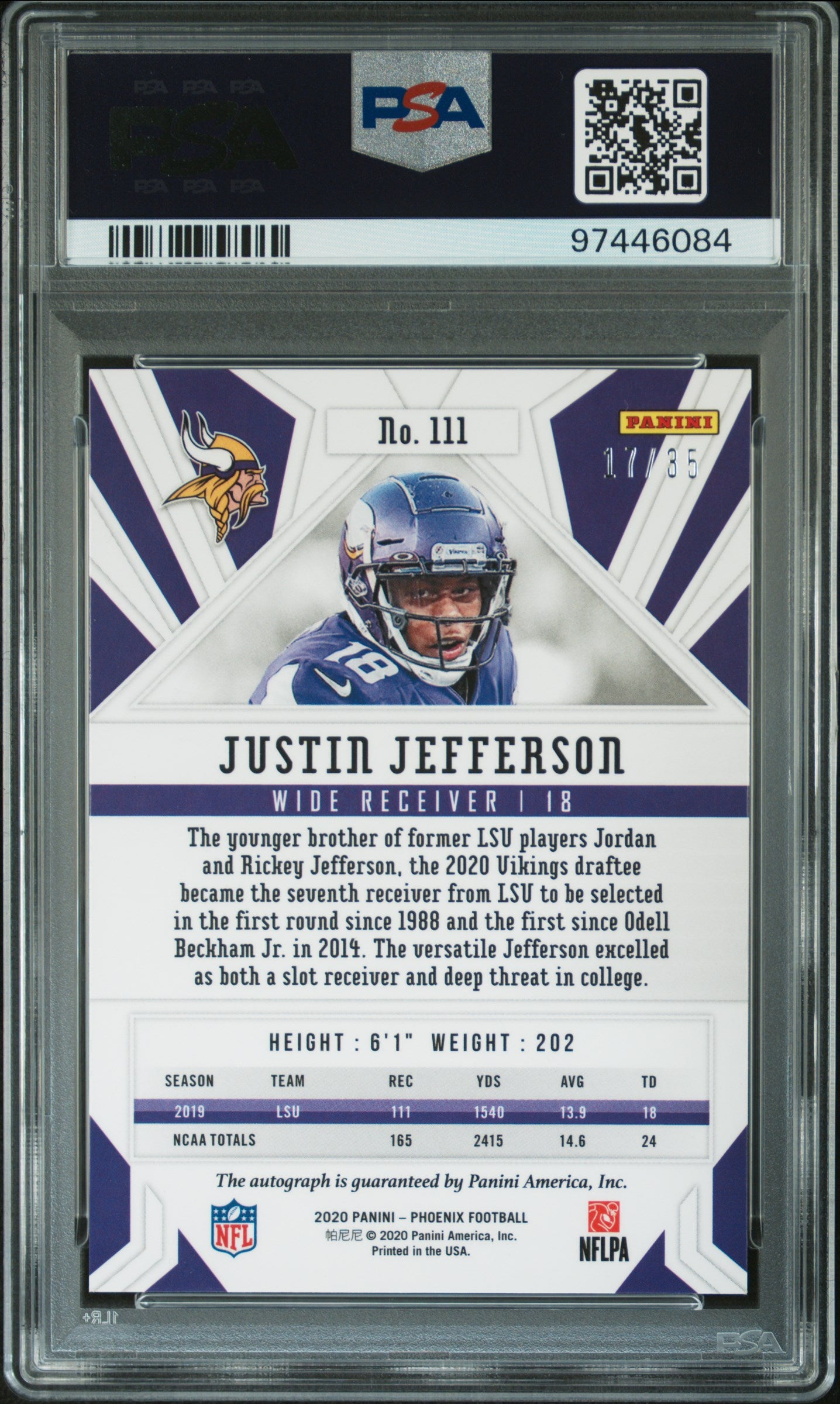 Justin Jefferson 2020 Panini Phoenix Pink RC Autograph #17/35 PSA 10 Auto 10