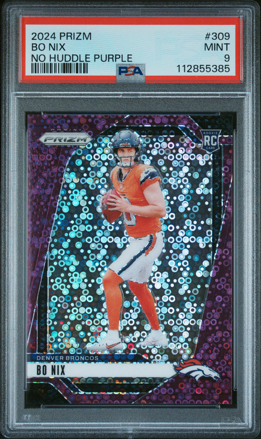 Bo Nix 2024 Panini Prizm Rookie #309 No Huddle Purple #1/49 PSA 9 Mint