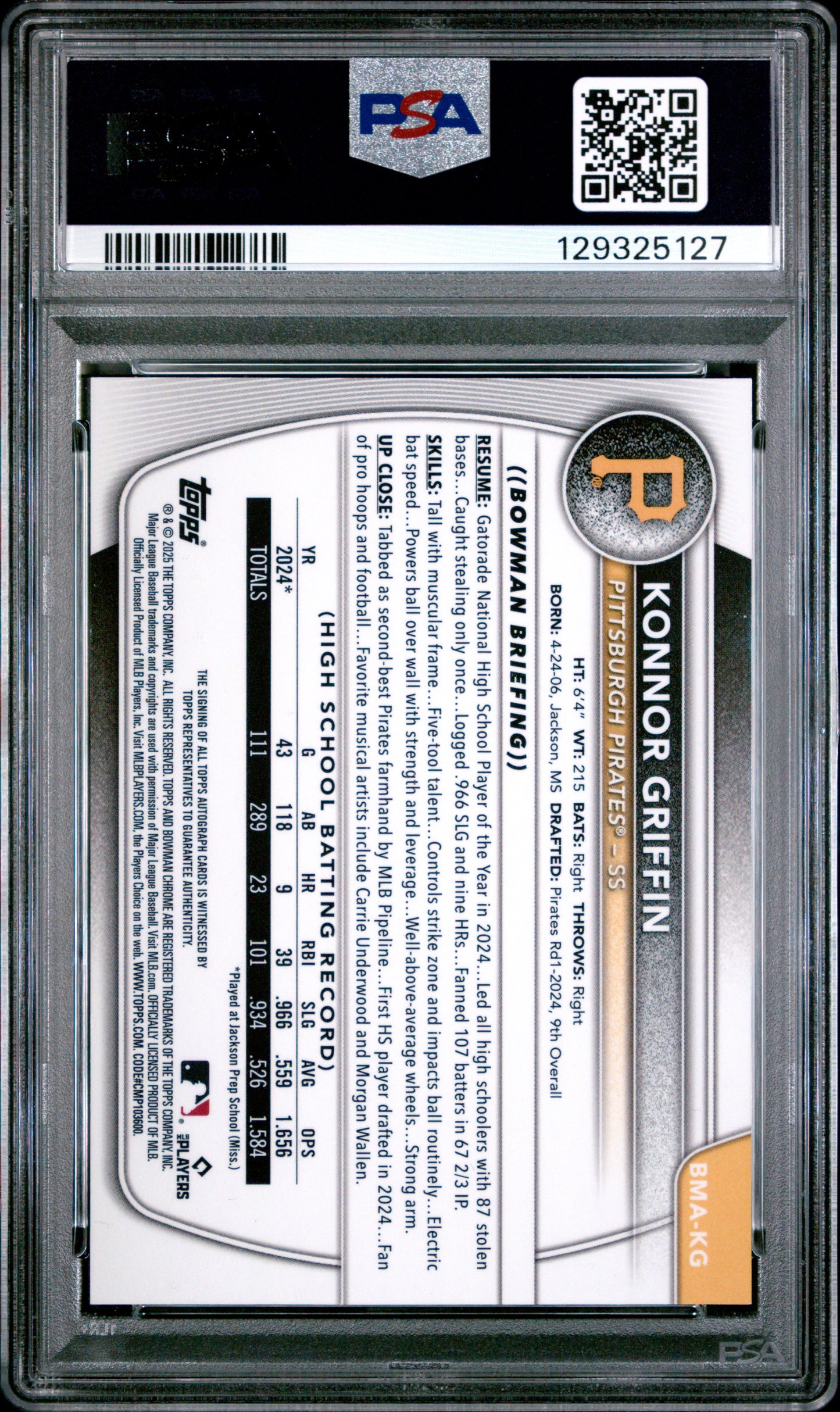 Konnor Griffin 2025 Bowman Mega Box Autograph PSA 10 Gem Mint
