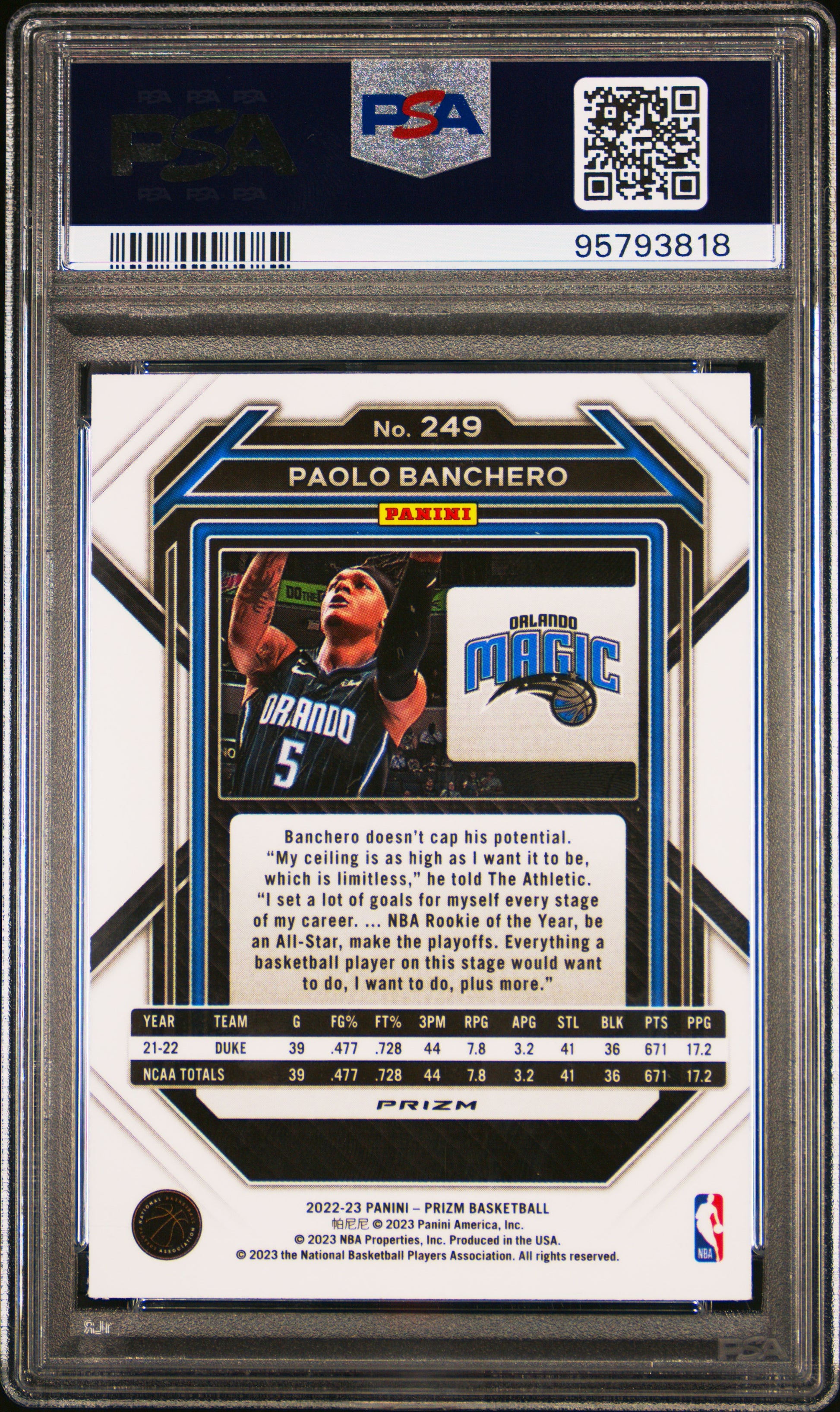 Paolo Banchero 2022 Panini Prizm Rookie #249 Green Prizm PSA 10 Gem Mint 3818