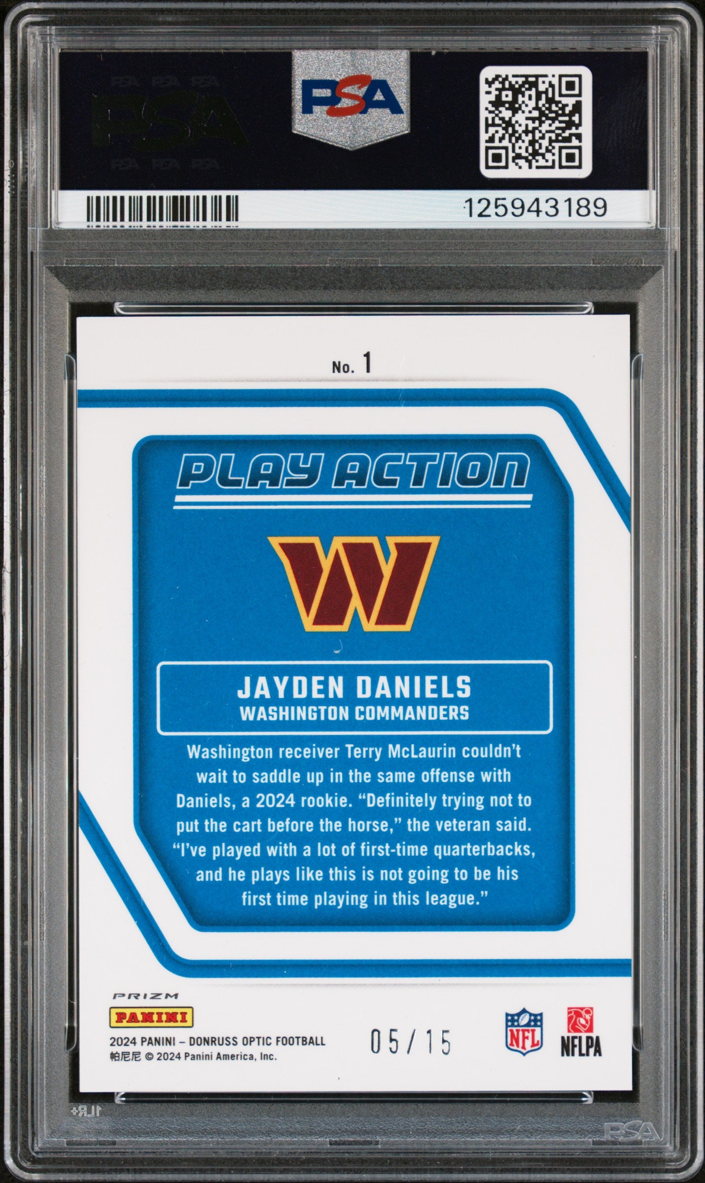 Jayden Daniels 2024 Donruss Optic Play Action Ice #5/15 PSA 10 Gem Mint