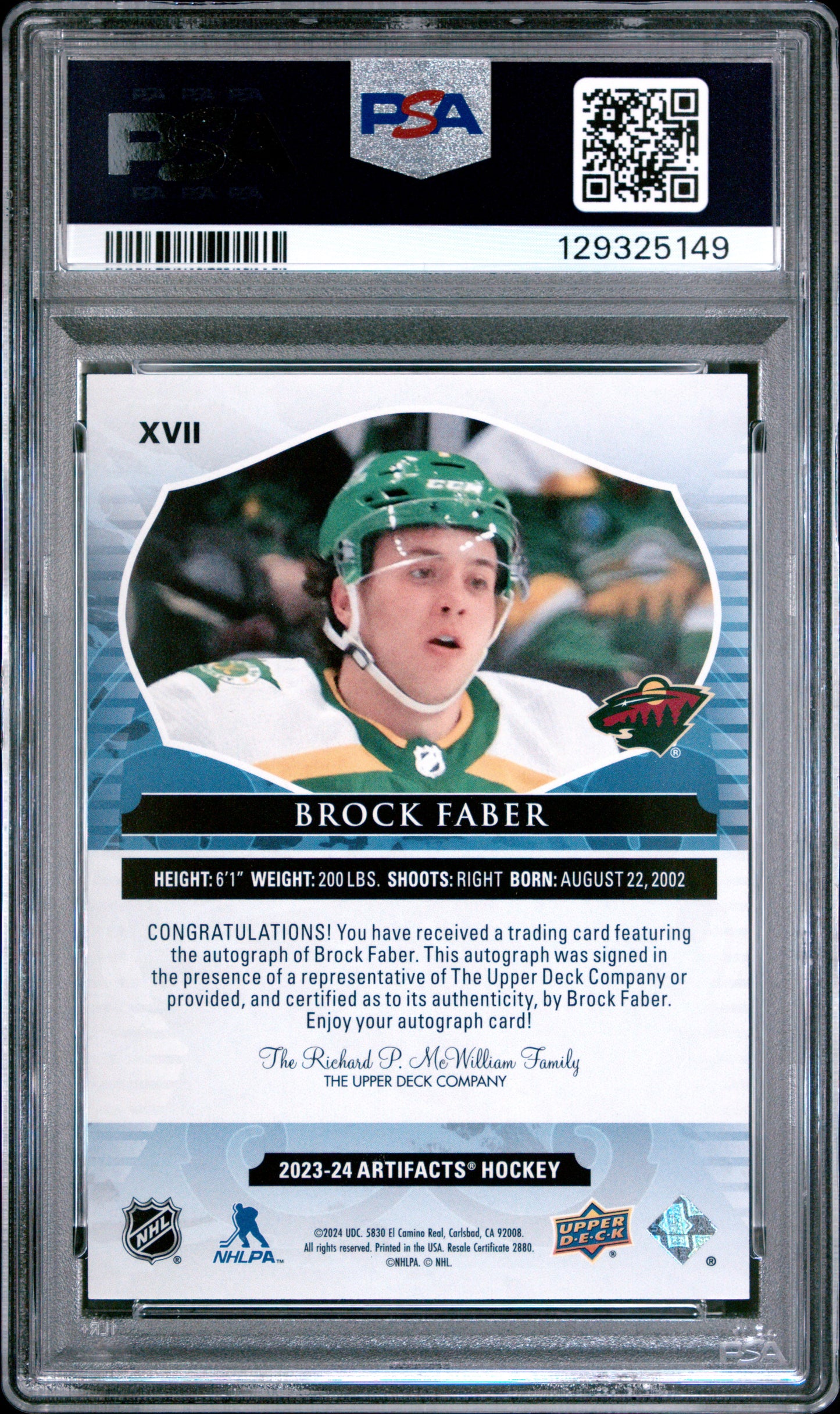Brock Faber 2023 Upper Deck Artifacts Silver Redemption Rookie Auto PSA 10 Gem Mint