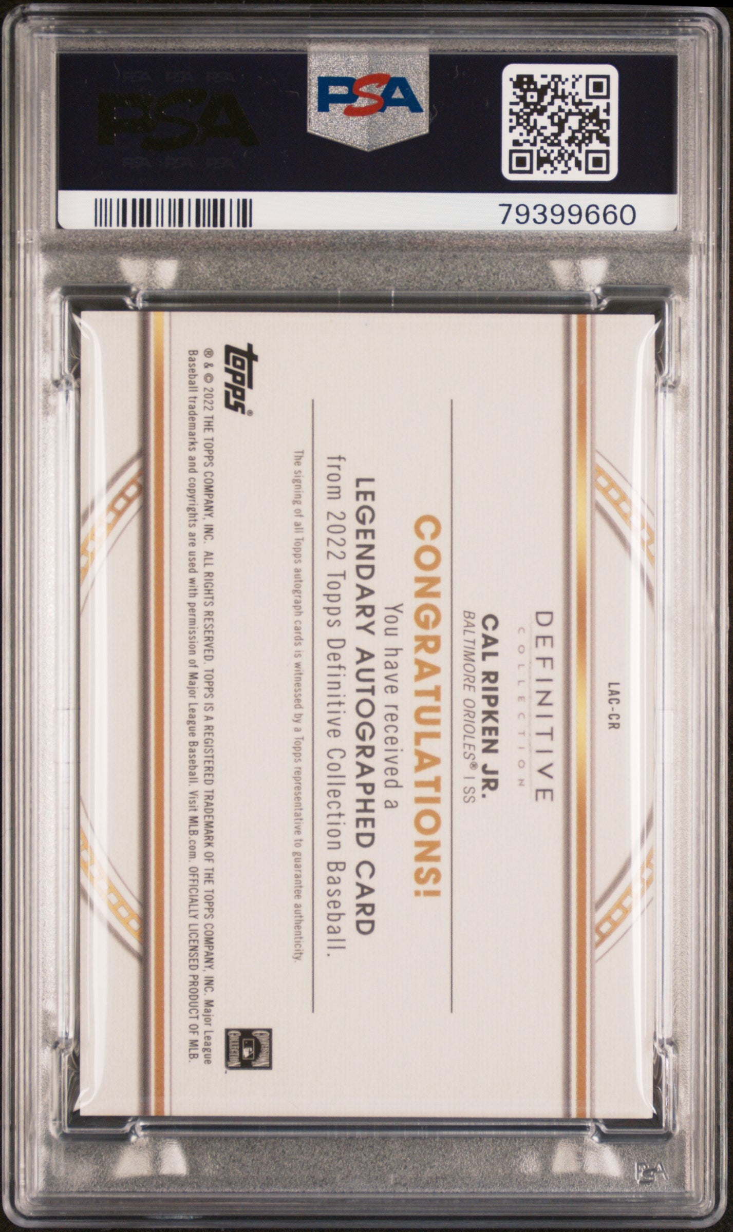 Cal Ripken Jr 2022 Topps Definitive Legendary Auto #11/25 PSA 10 Auto 10