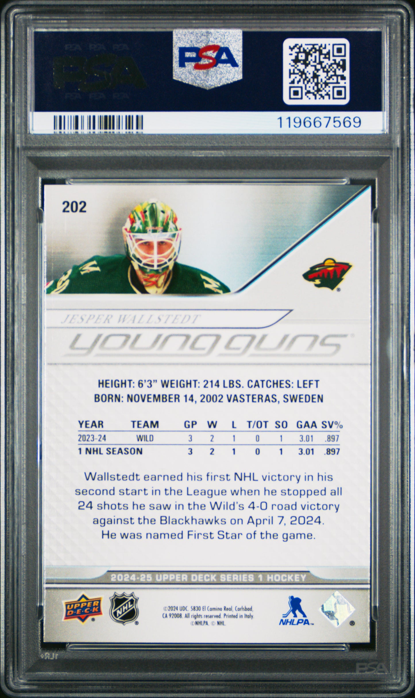 Jesper Wallstedt 2024 Upper Deck Rookie #202 Silver Foil PSA 10 Gem Mint