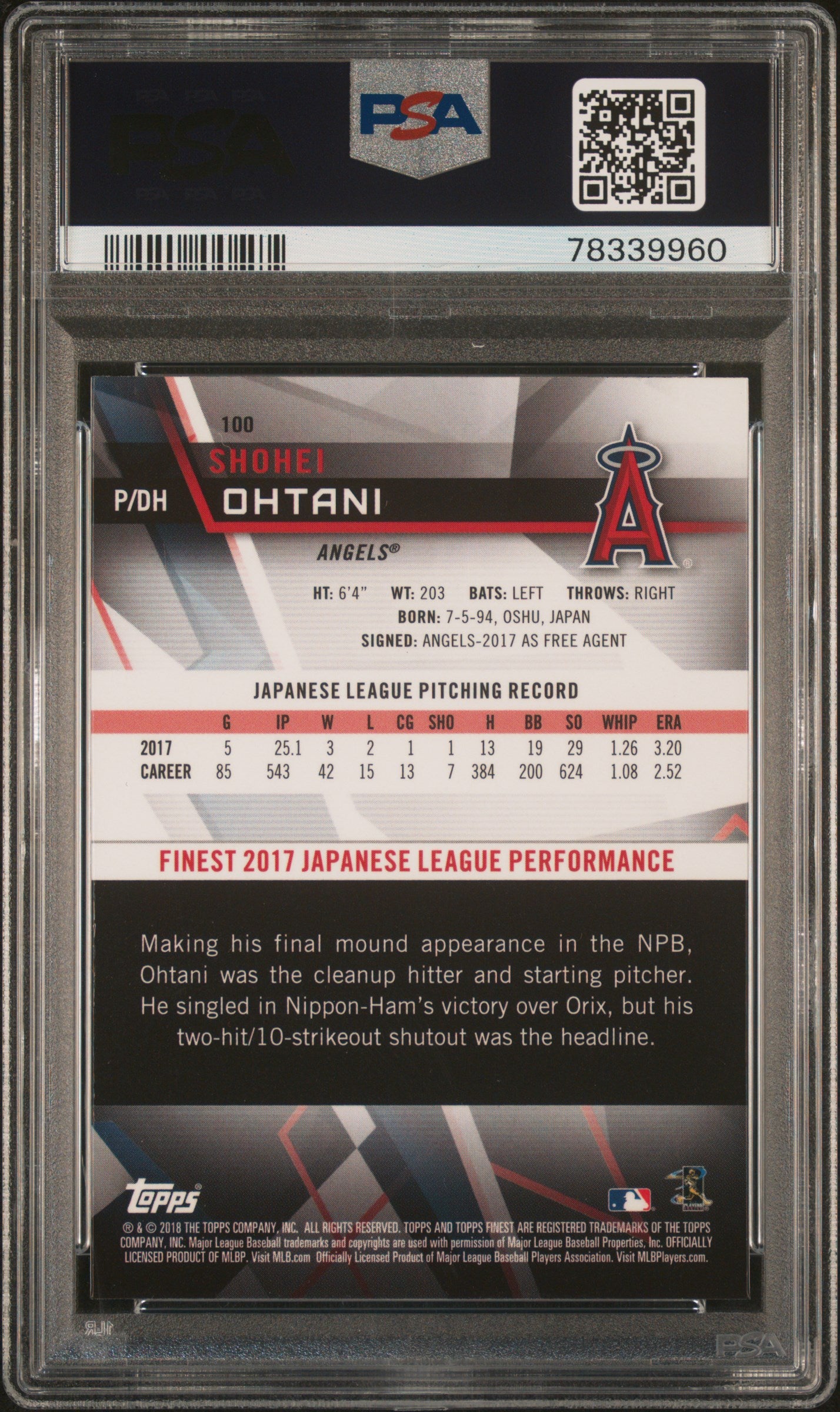 Shohei Ohtani 2018 Topps Finest #100 Refractor RC PSA 10 Gem Mint