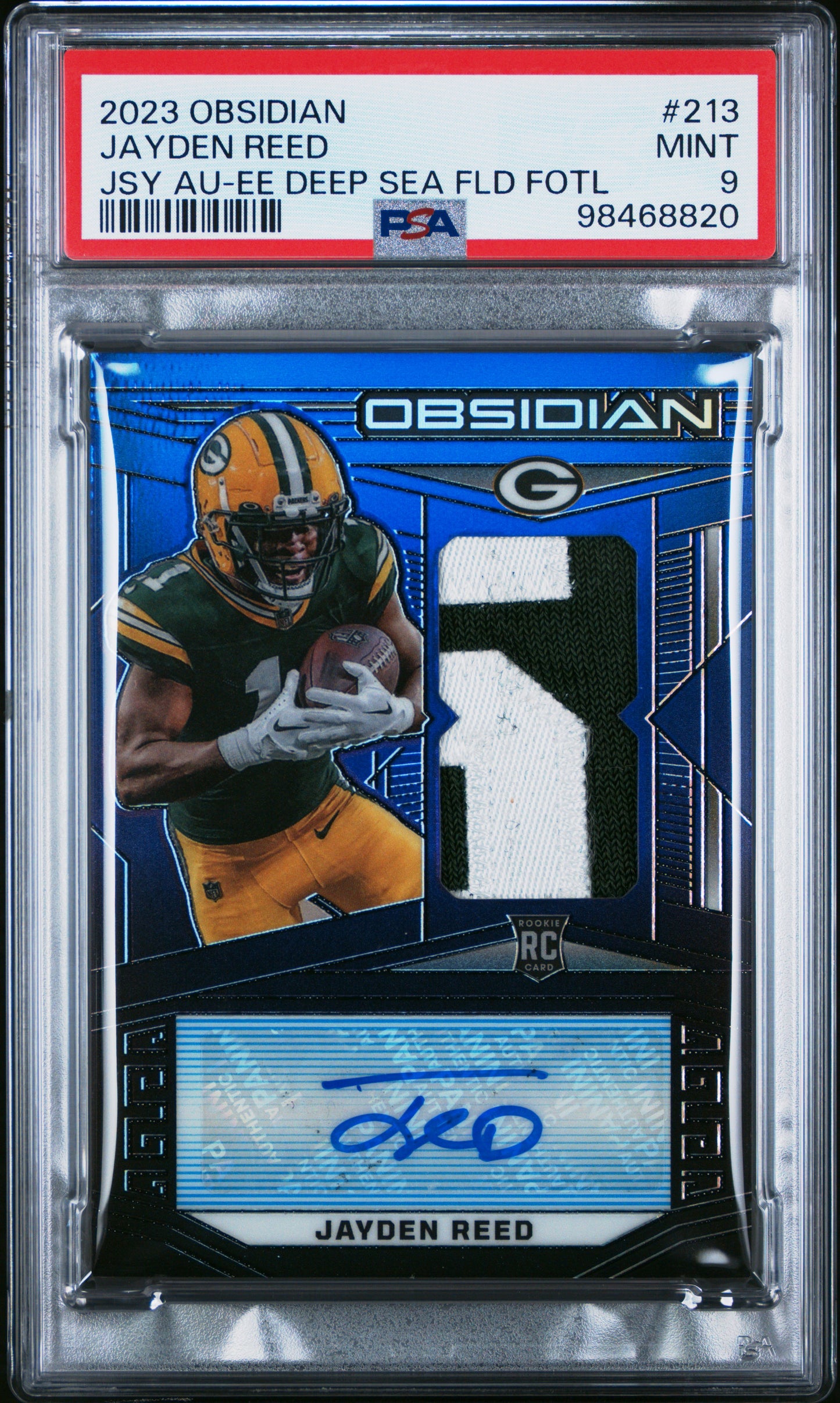 Jayden Reed 2023 Panini Obsidian Deep Sea Flood Rookie Patch Auto #3/3 PSA 9 Mint