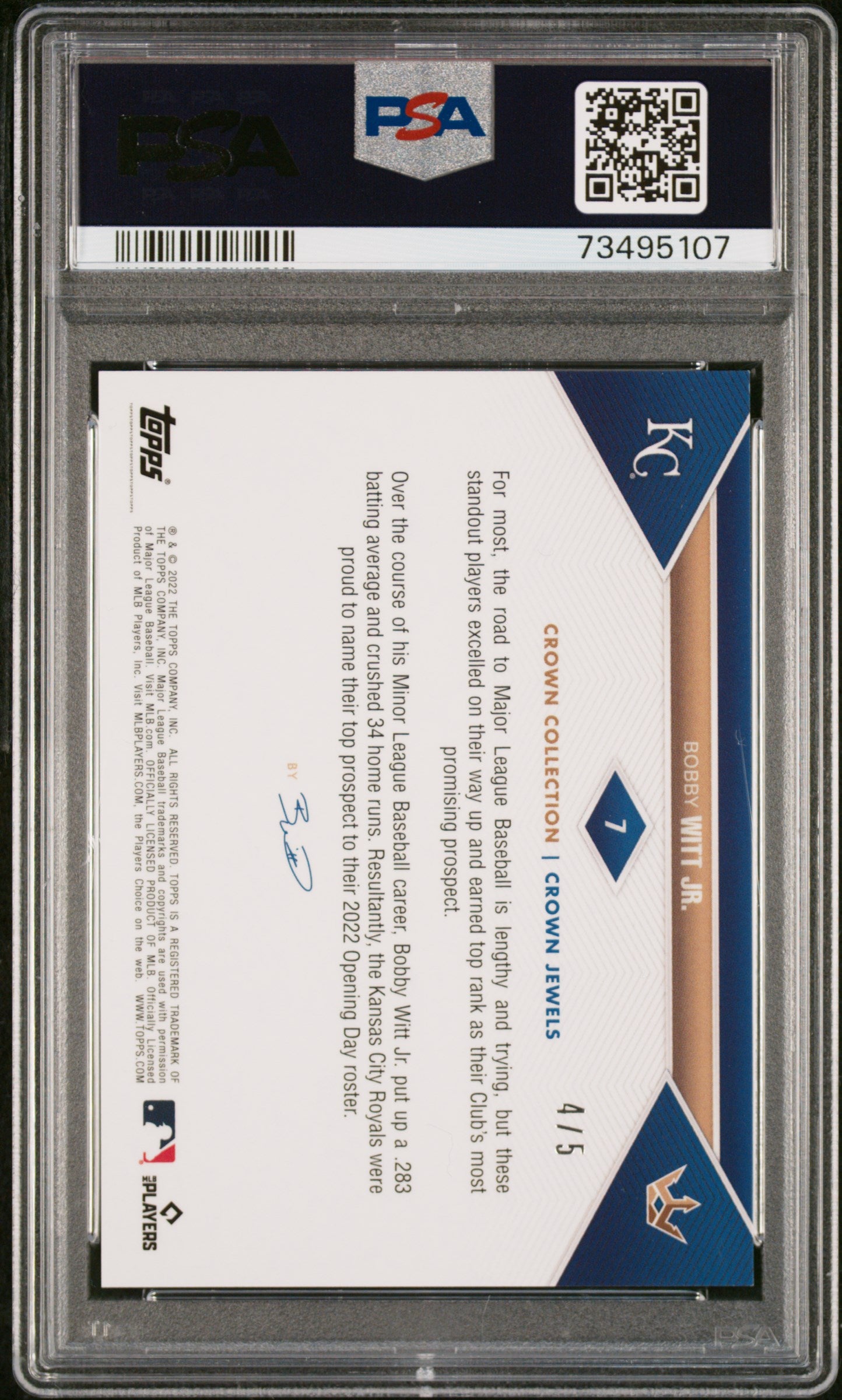 Bobby Witt Jr. 2022 Topps X Bobby Witt Orange Rainbow Foil #4/5 PSA 9 Mint