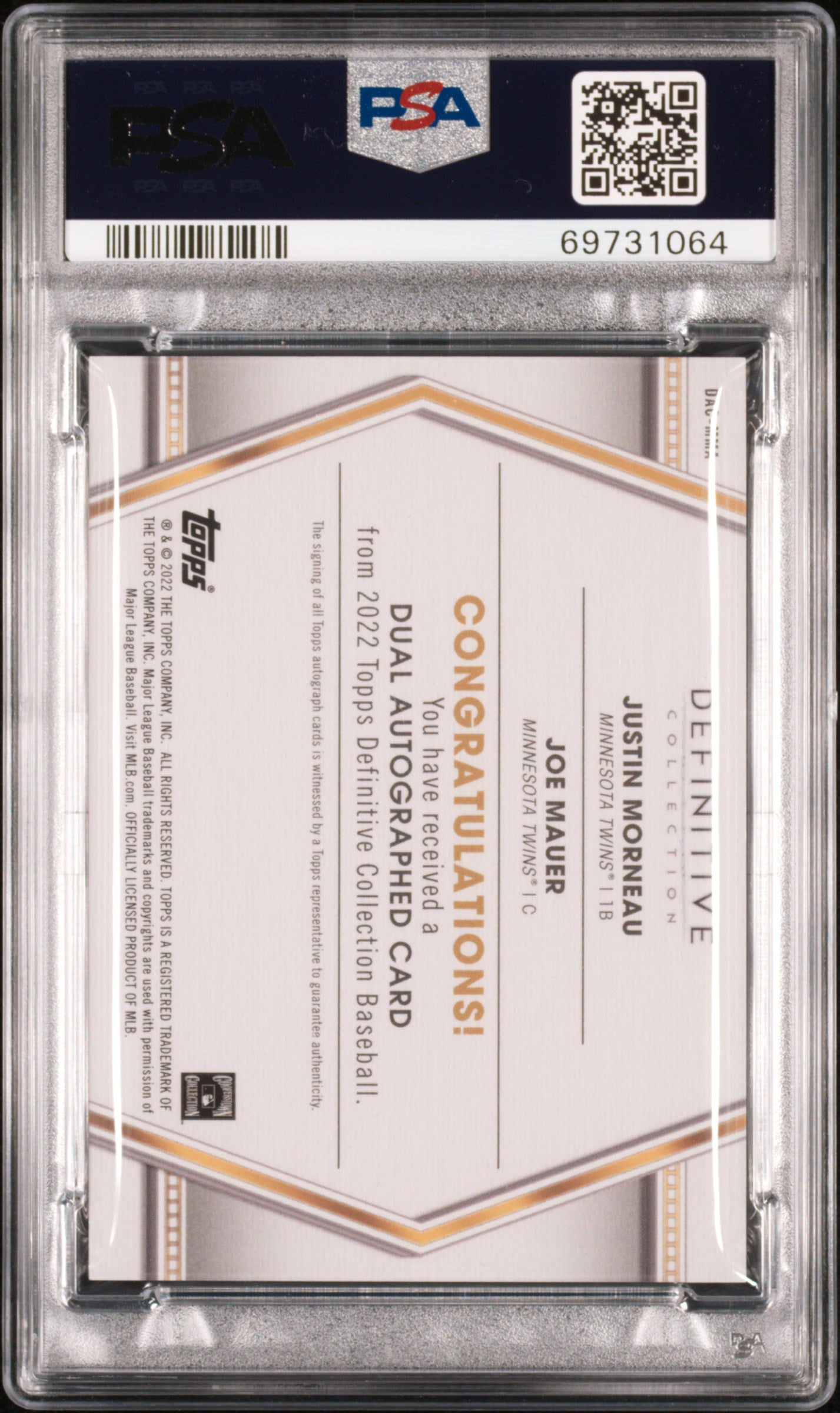 Joe Mauer/Justin Morneau 2022 Topps Definitive Dual Auto Purple #5/5 PSA 9 Mint