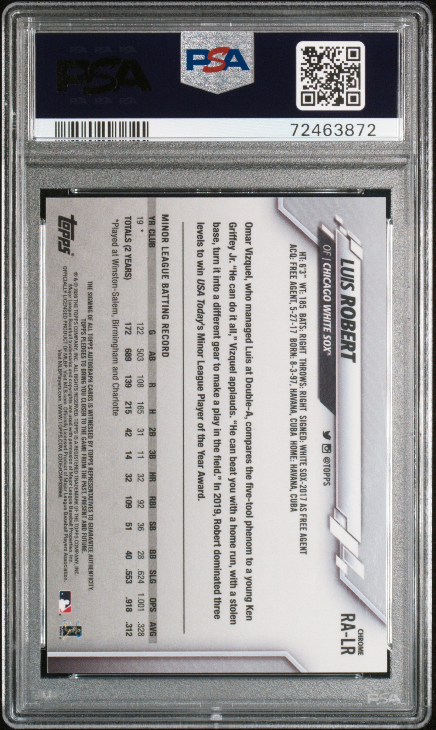 Luis Robert 2020 Topps Chrome Rookie Auto PSA 10 Gem Mint