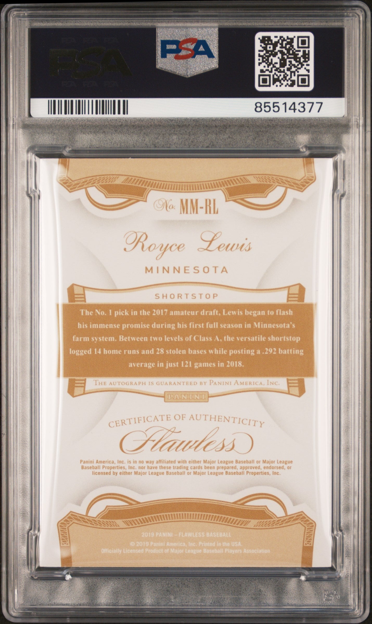 Royce Lewis 2019 Panini Flawless Memorable Marks Sapphire Auto #10/15 PSA 9 Auto 10